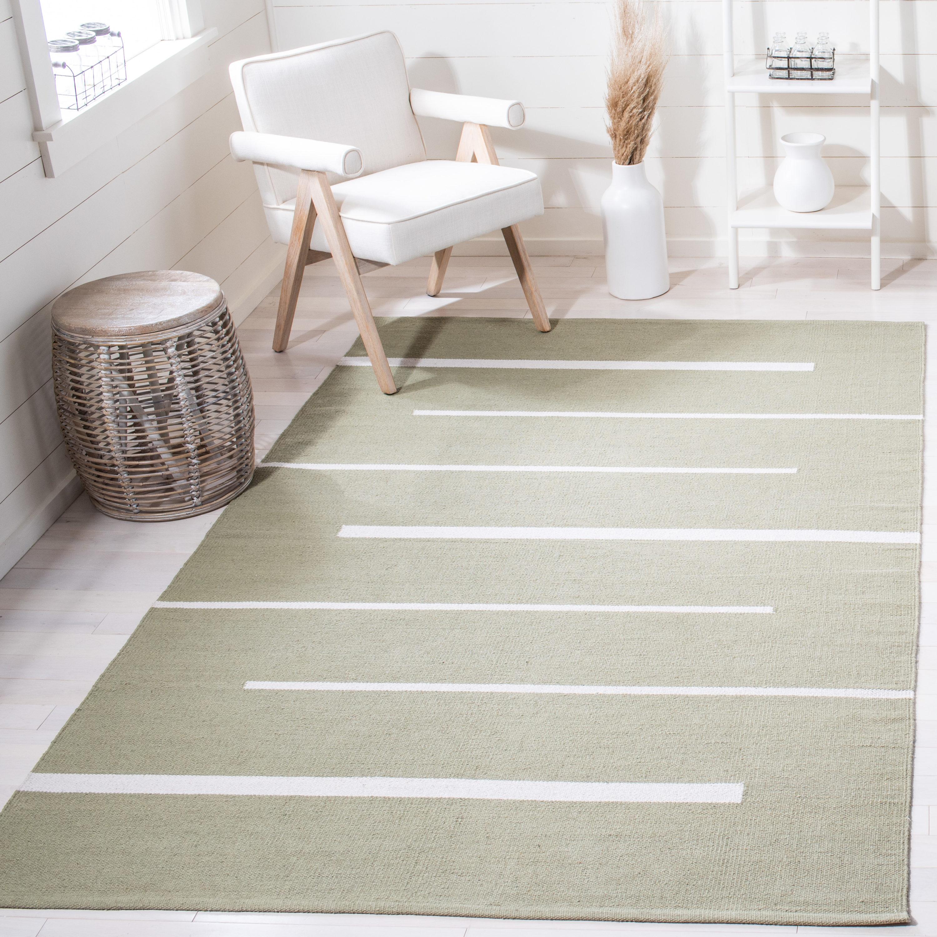 SAFAVIEH Montauk Oswald Geometric Striped Cotton Area Rug, Ivory/Light Green, 6' x 6' Square