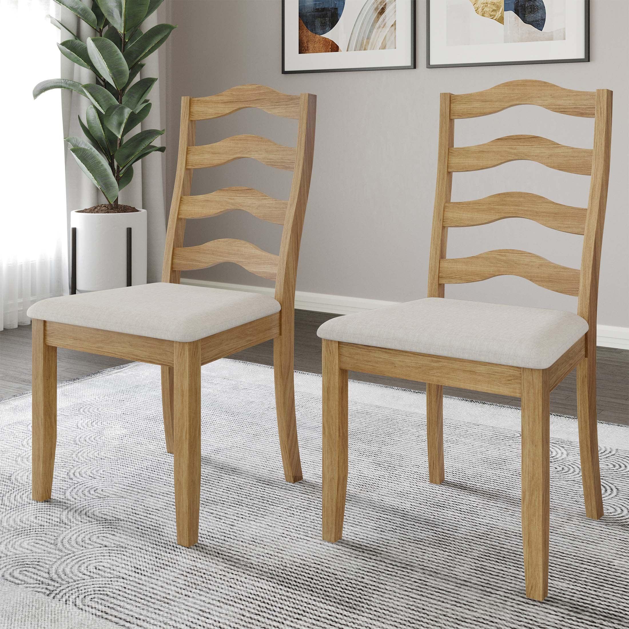 ChaletPosh Natural Wooden Dining Chair With Warm Grey Cover (Set of 2)