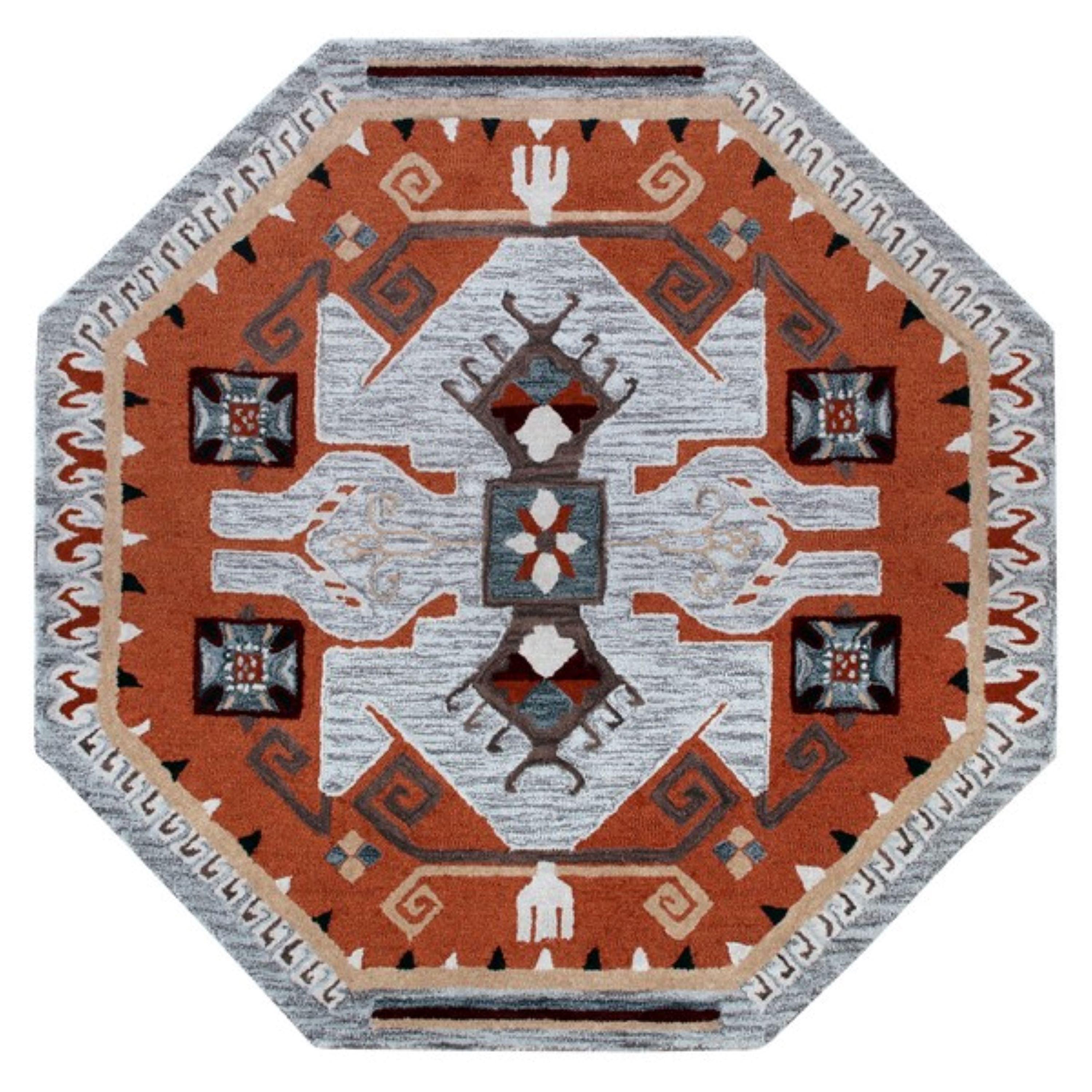 Ox Bay Terracotta Textile Southwestern Shape Rug, 4 ft. Octagon, Terracotta / Gray