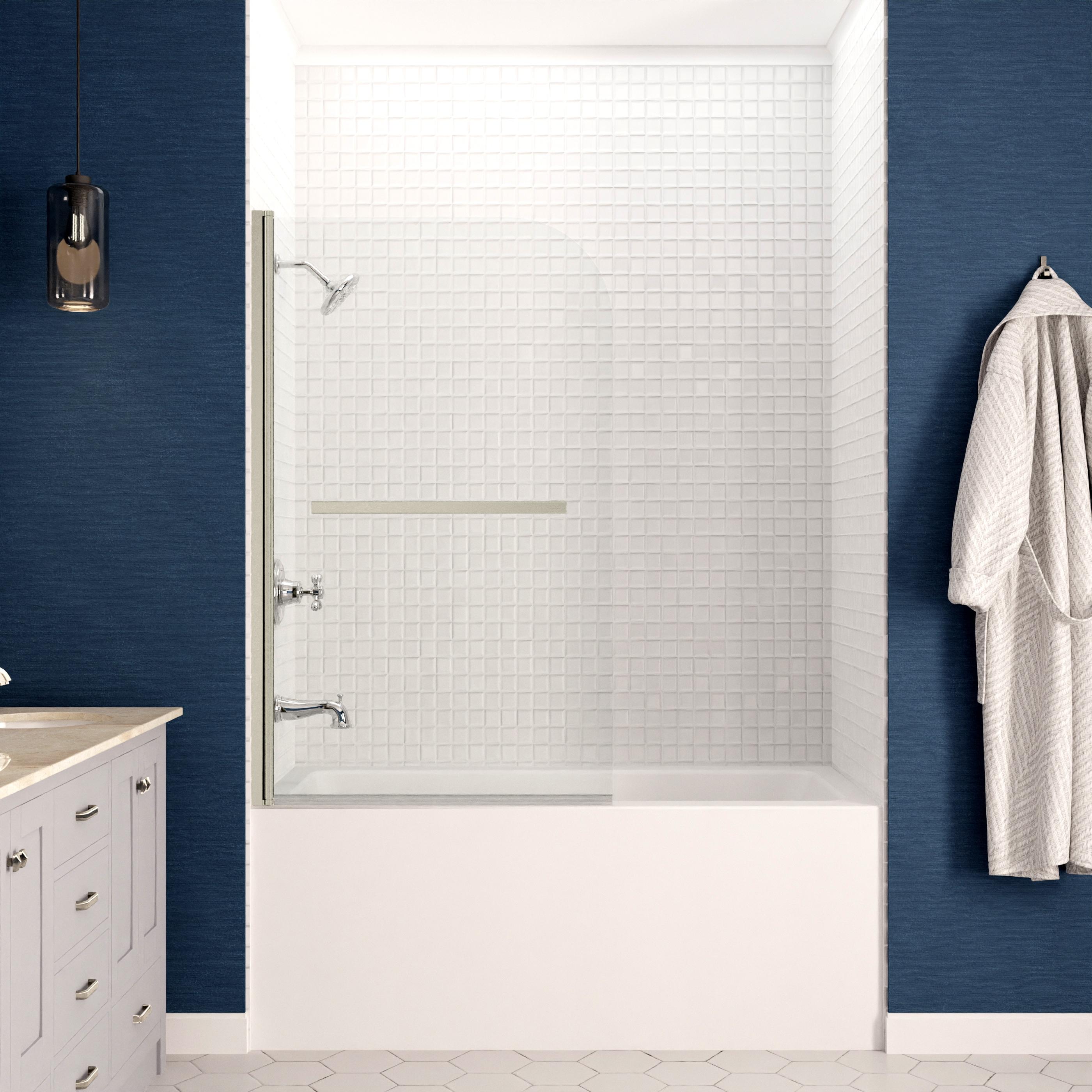 Myth 28 in. W x 56 in. H Hinged Frameless Tub Door with Tsunami Guard Technology