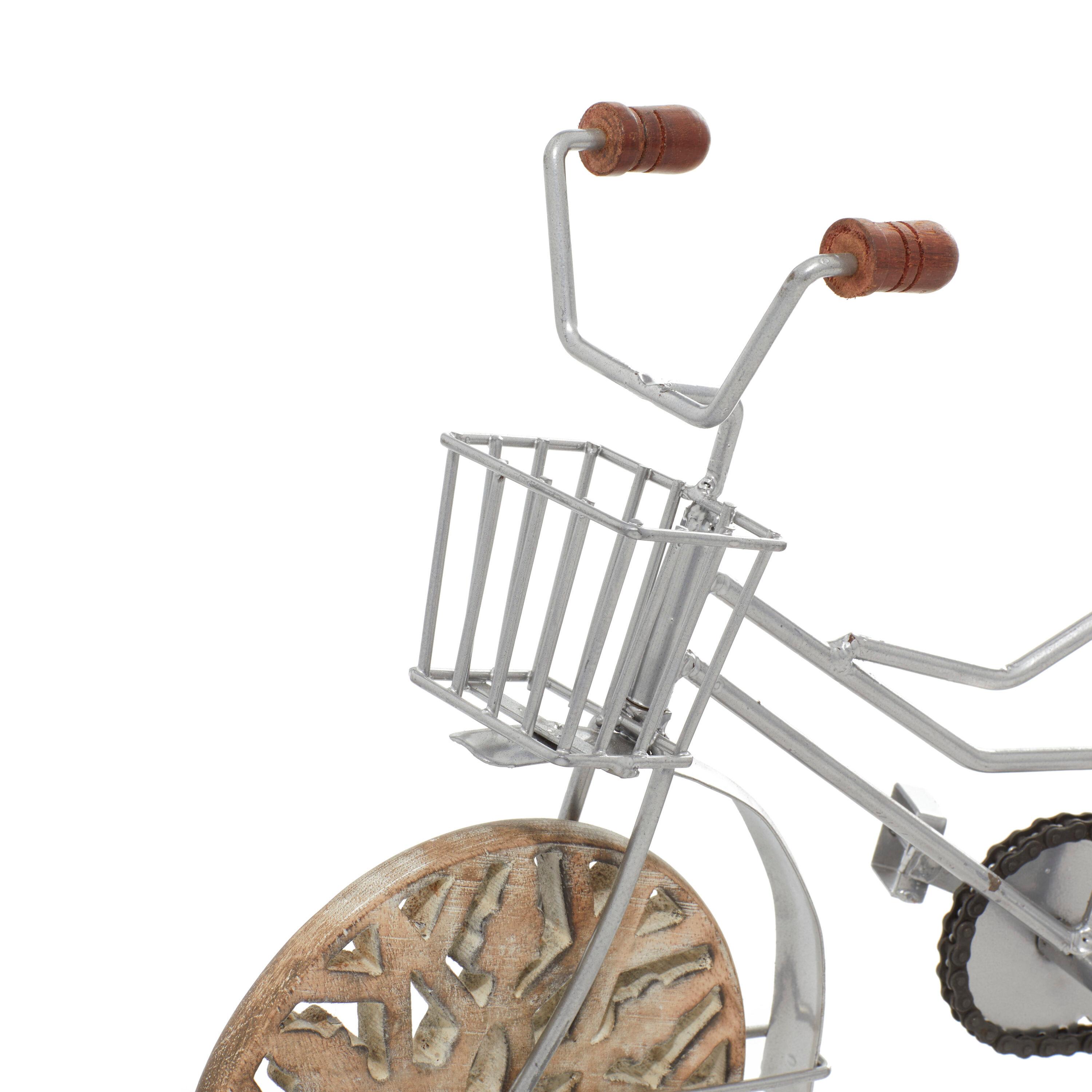 19" x 12" Brown Metal Bike Sculpture with Carved Wood Wheels, by DecMode