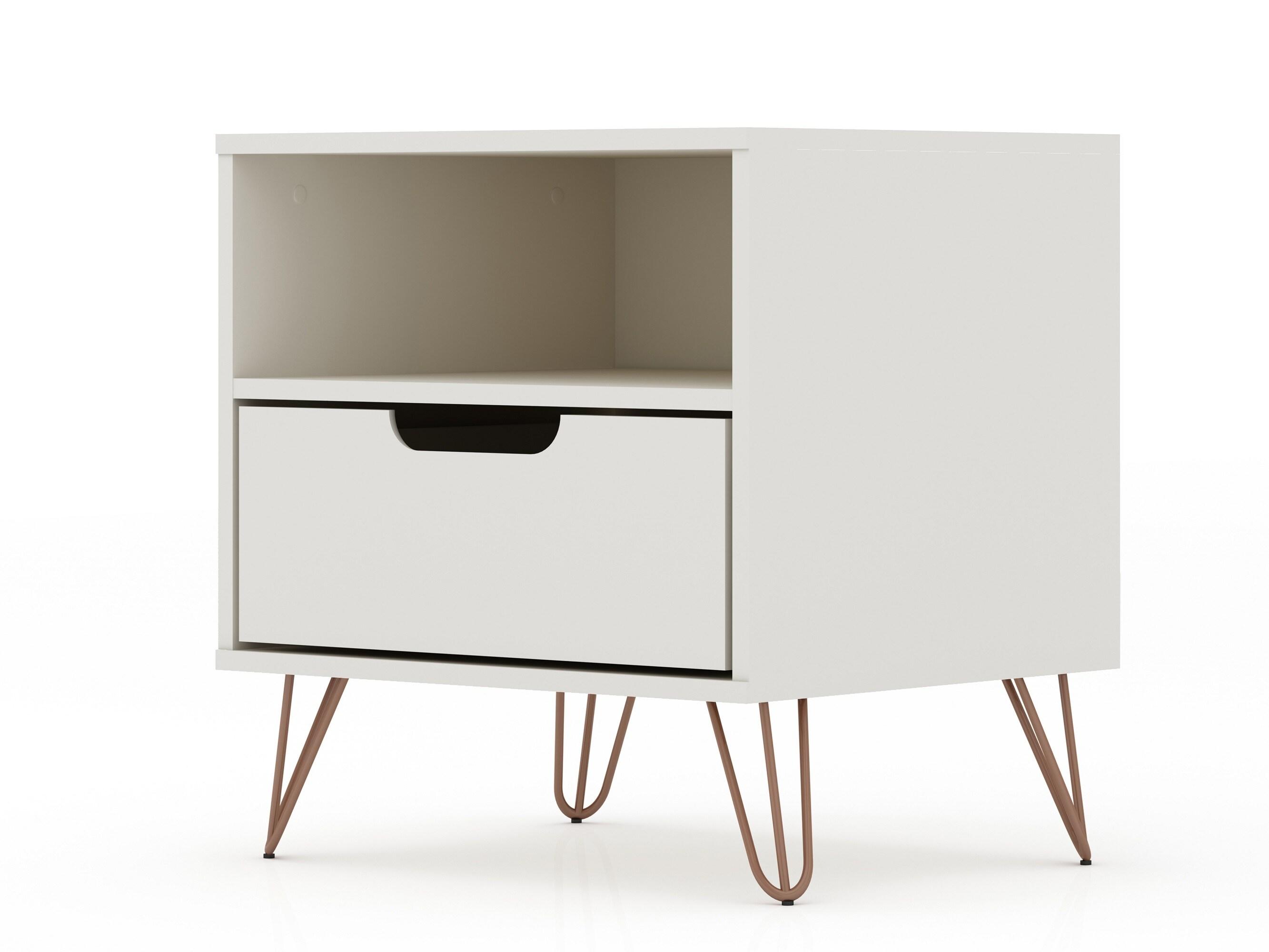 Set of 2 Rockefeller 1 Drawer Nightstands Off White - Manhattan Comfort: Mid-century Design, Metal Legs, Concealed Storage