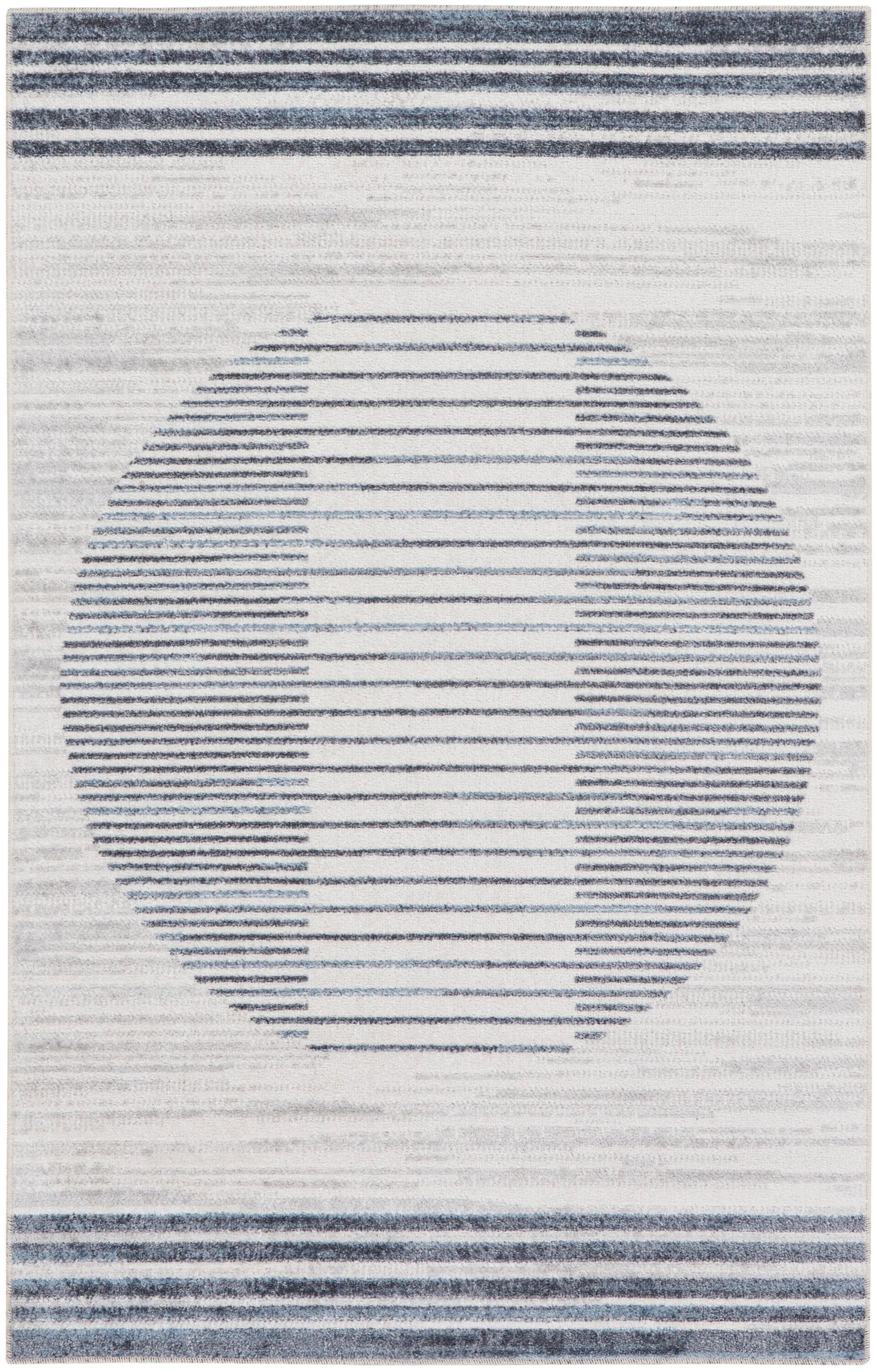 Nourison Astra Machine Washable Stripe Circle Mid-Century Modern Indoor Rug Ivory Blue 2'2" x 4'