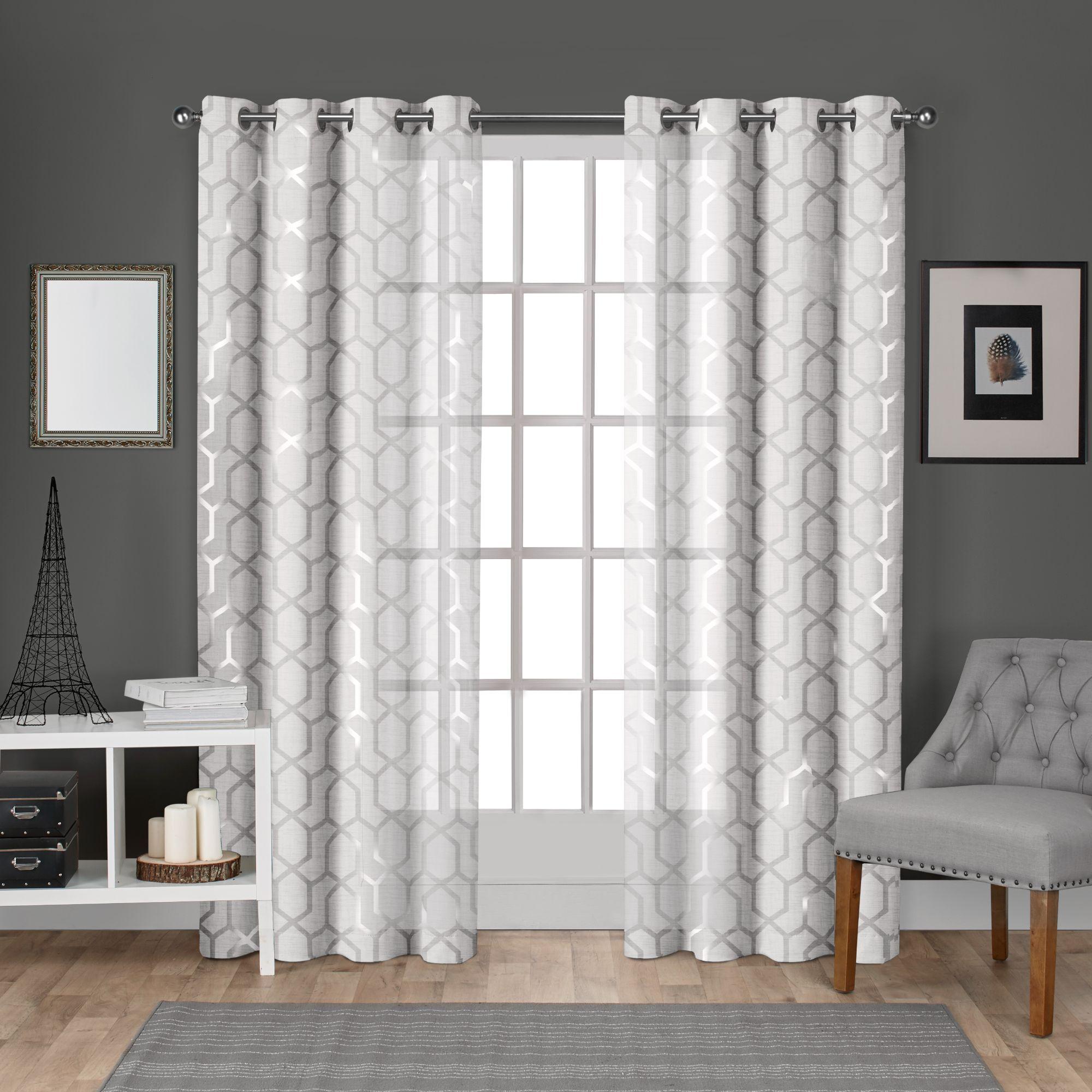 Set of 2 84"x54" Panza Sheer Linen Printed Metallic Geometric Grommet Top Window Curtain Panel - White Silver - Exclusive Home