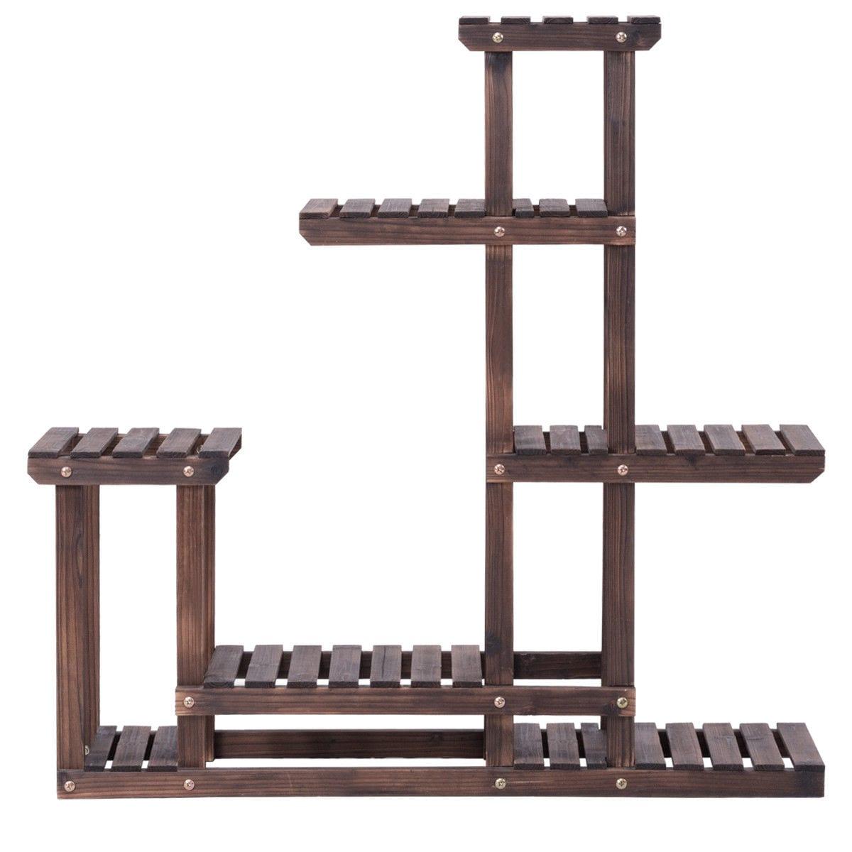 Costway Outdoor Wooden Plant Flower Display Stand 6 Wood Shelf Storage Rack Garden