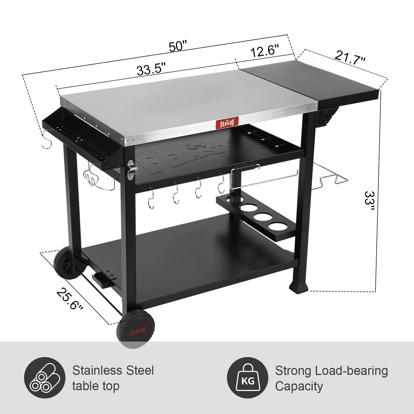 Feasto 50 in. Three-Shelf Stainless Outdoor Movable Food Prep Grill Cart Table with Fordable Side Table