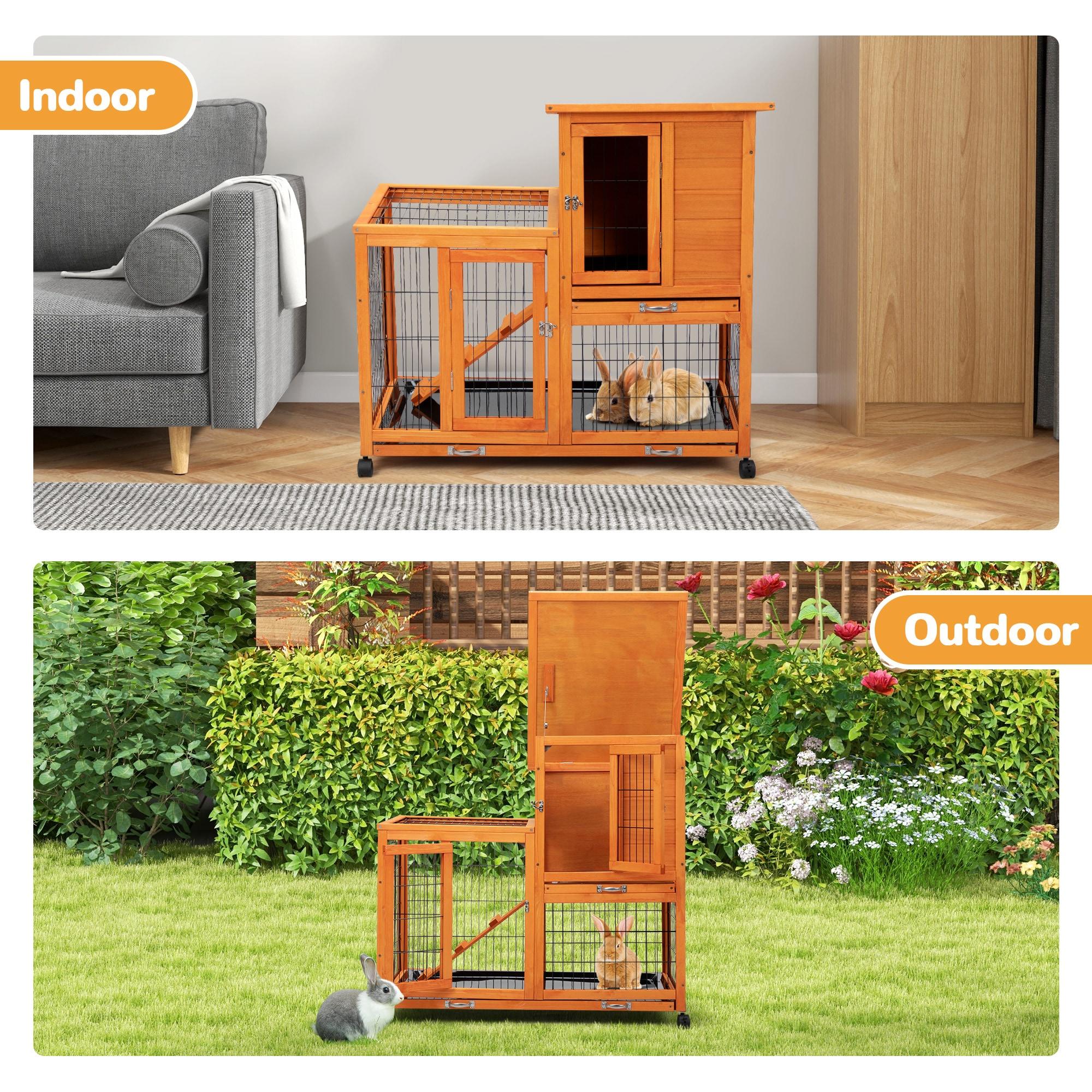 COZIWOW Wooden Rabbit Hutch Hamster Habitat Bunny House Outdoor w/ 4 Casters 2 Cleaning Trays