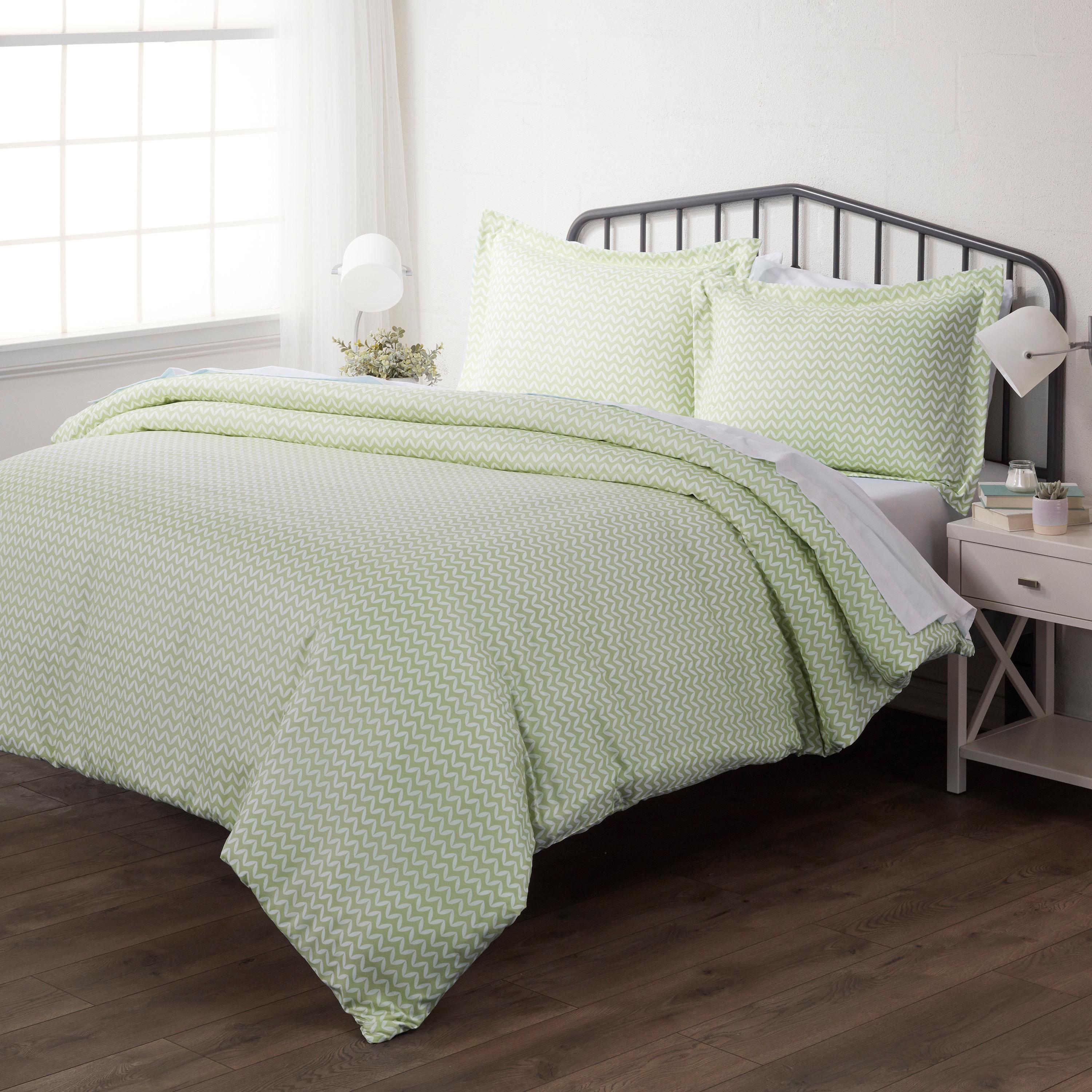 Sage Green Microfiber Twin Duvet Cover Set with Chevron Pattern