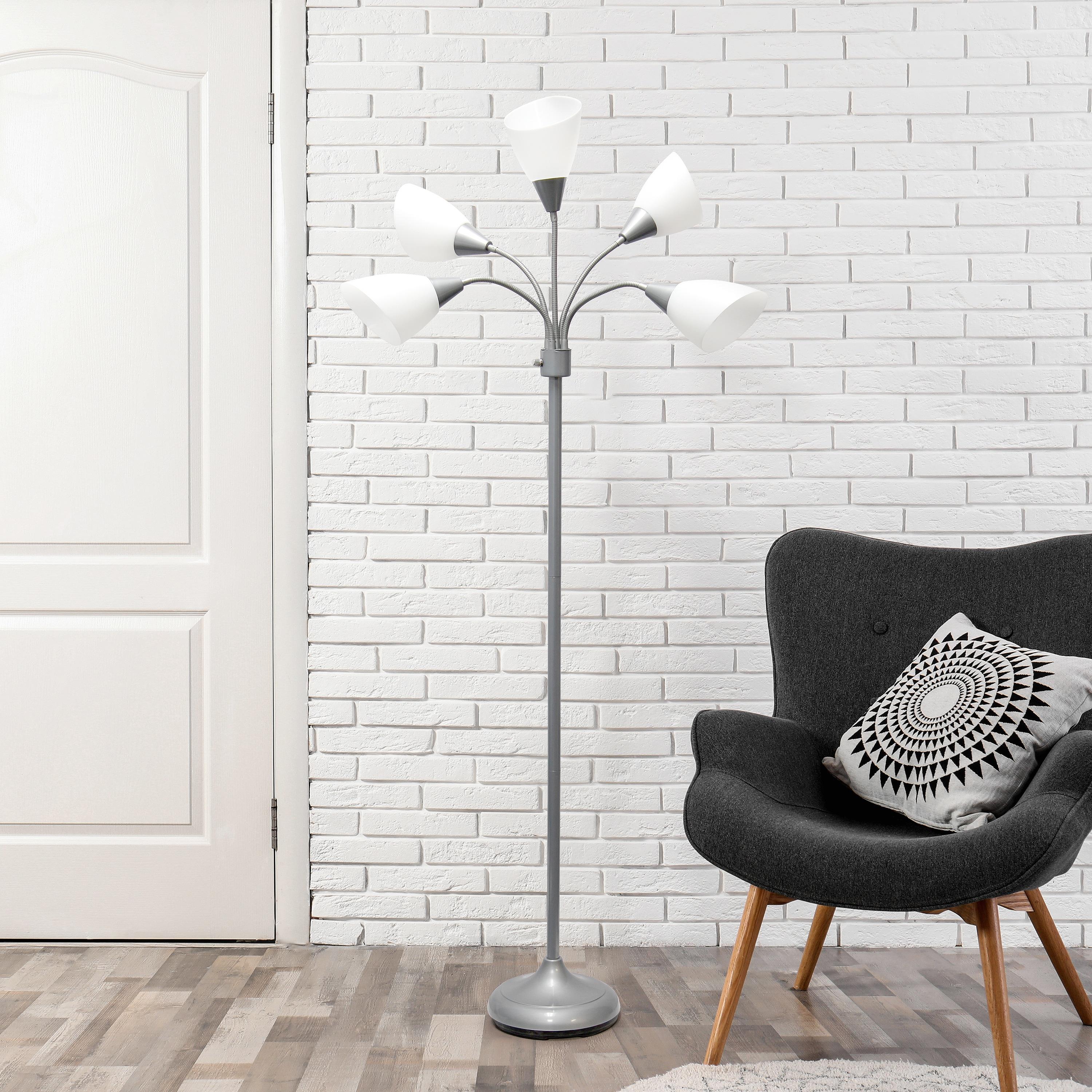 Simple Designs 67" Medusa 5-Light Adjustable Gooseneck Floor Lamp, Silver with White Shades
