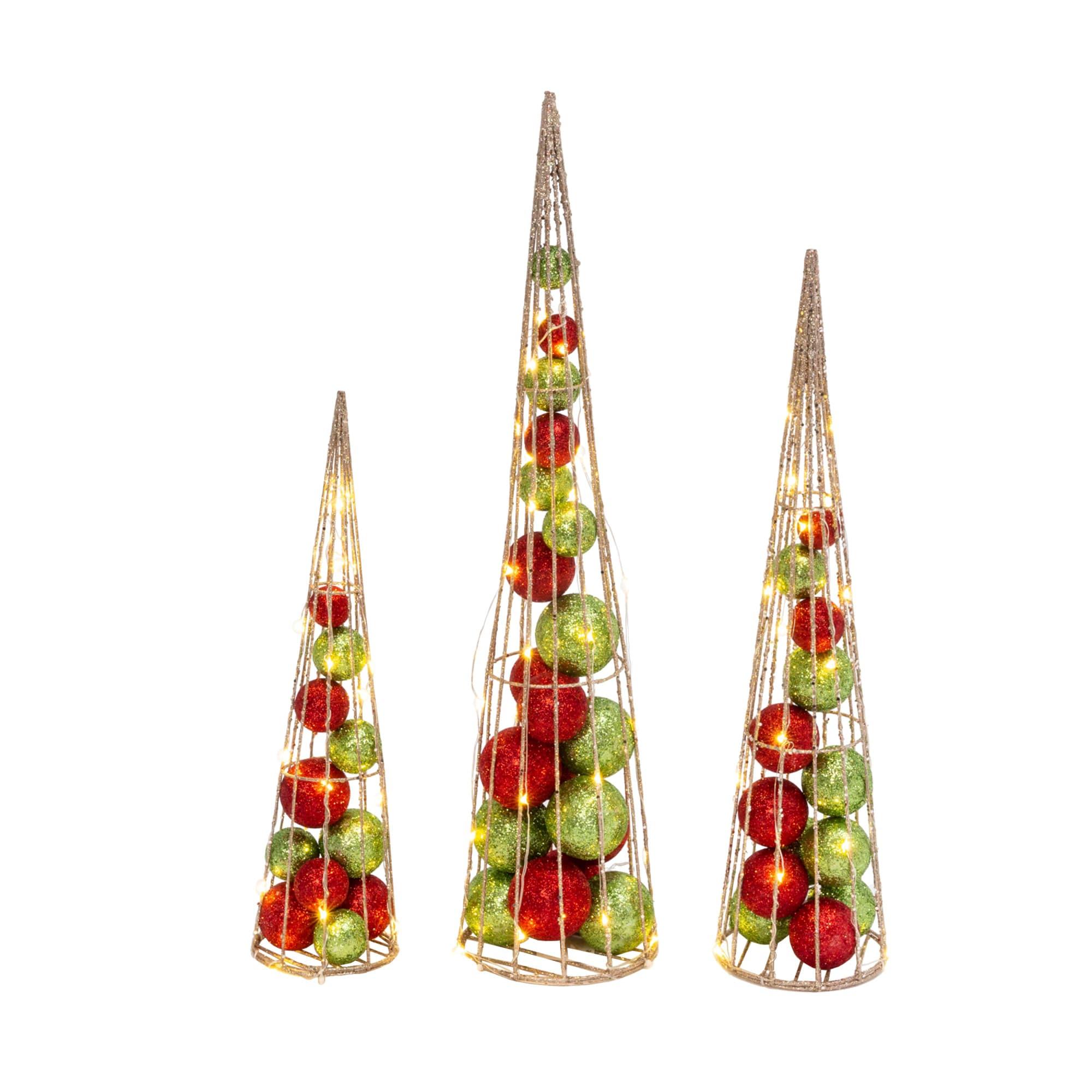 Gerson 2550120 Set of 3 Battery Operated Lighted Ornament Filled Cone Trees, Large is 24-inch Height