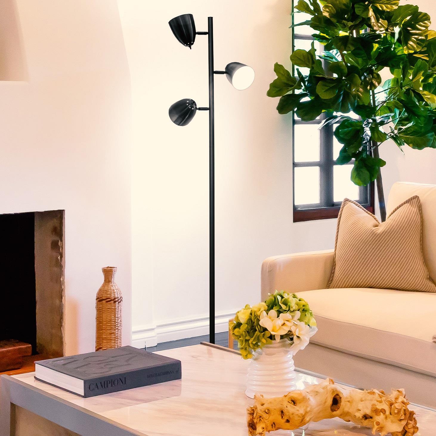 Brightech Jacob 64" Modern 3-Light Adjustable LED Floor Lamp with Black Finish and Metal Cone Shades, Bulbs Included