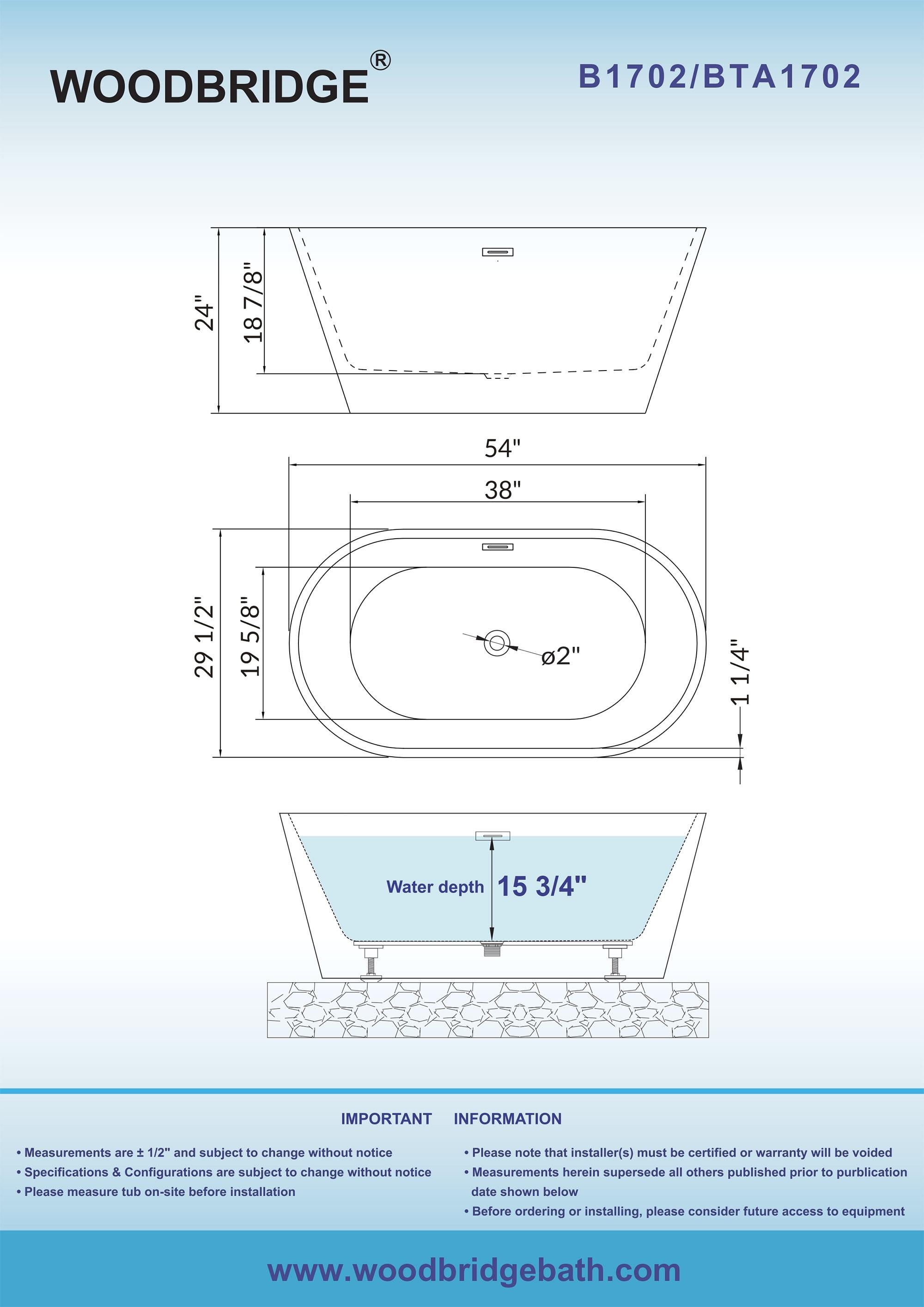 WOODBRIDGE 54" Acrylic Freestanding Bathtub Contemporary Soaking White Tub with Brushed Gold Overflow and Drain,B1702-BG