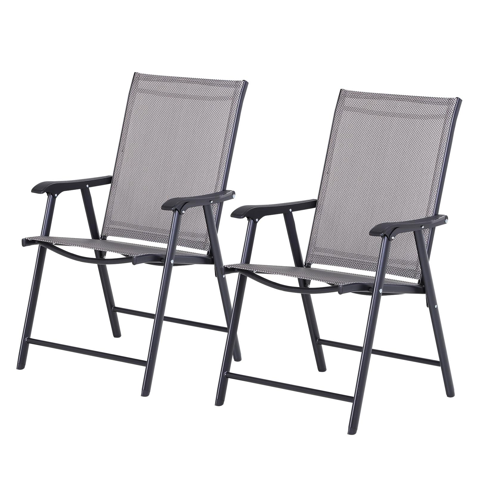 Outsunny Set of 2 Patio Folding Chairs, Stackable Outdoor Sling Chairs with Armrests for Lawn, Camping, Dining, Beach, Metal Frame, Gray