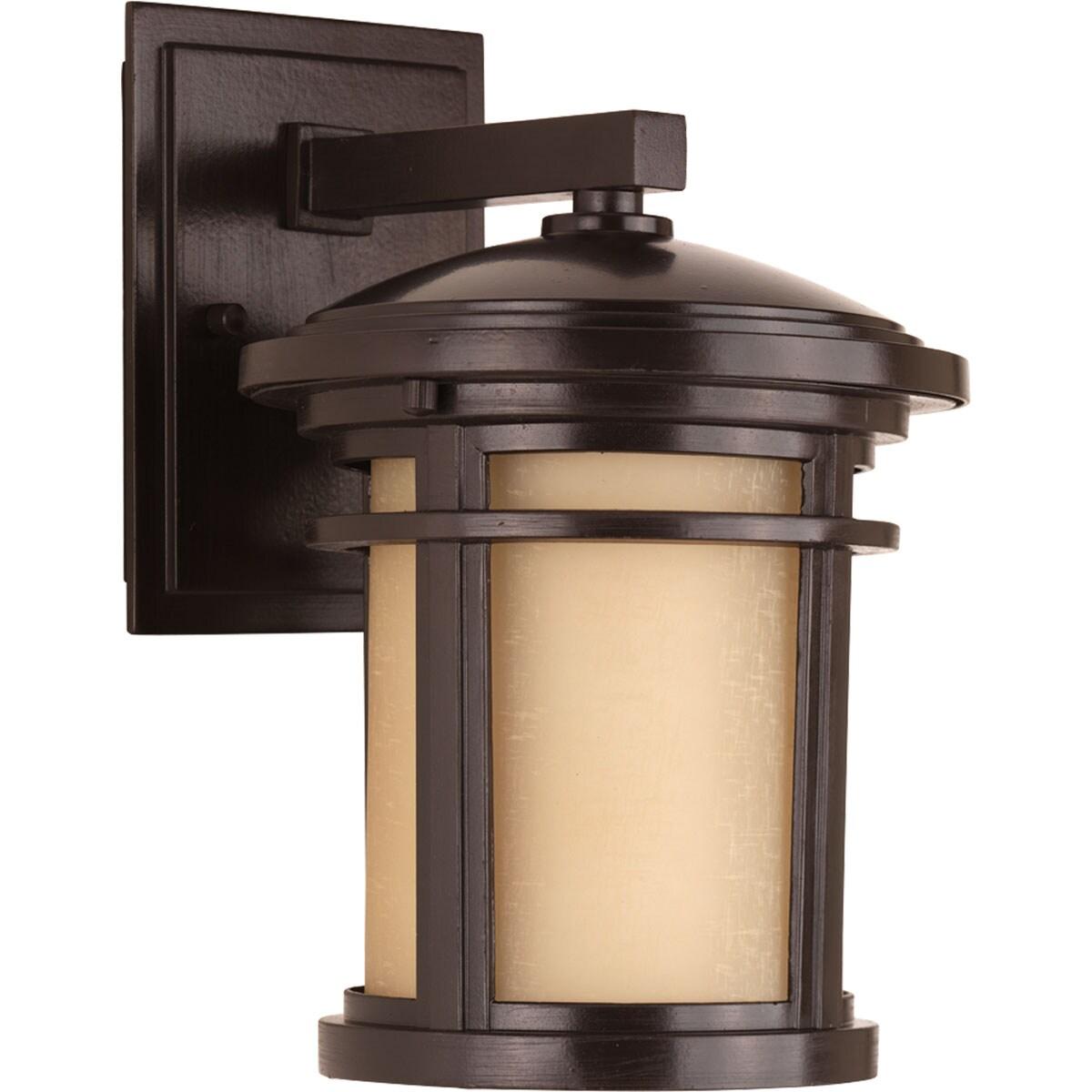 Progress Lighting Wish Collection 1-Light Small Wall Lantern in Antique Bronze with Etched Umber Linen Glass Shade