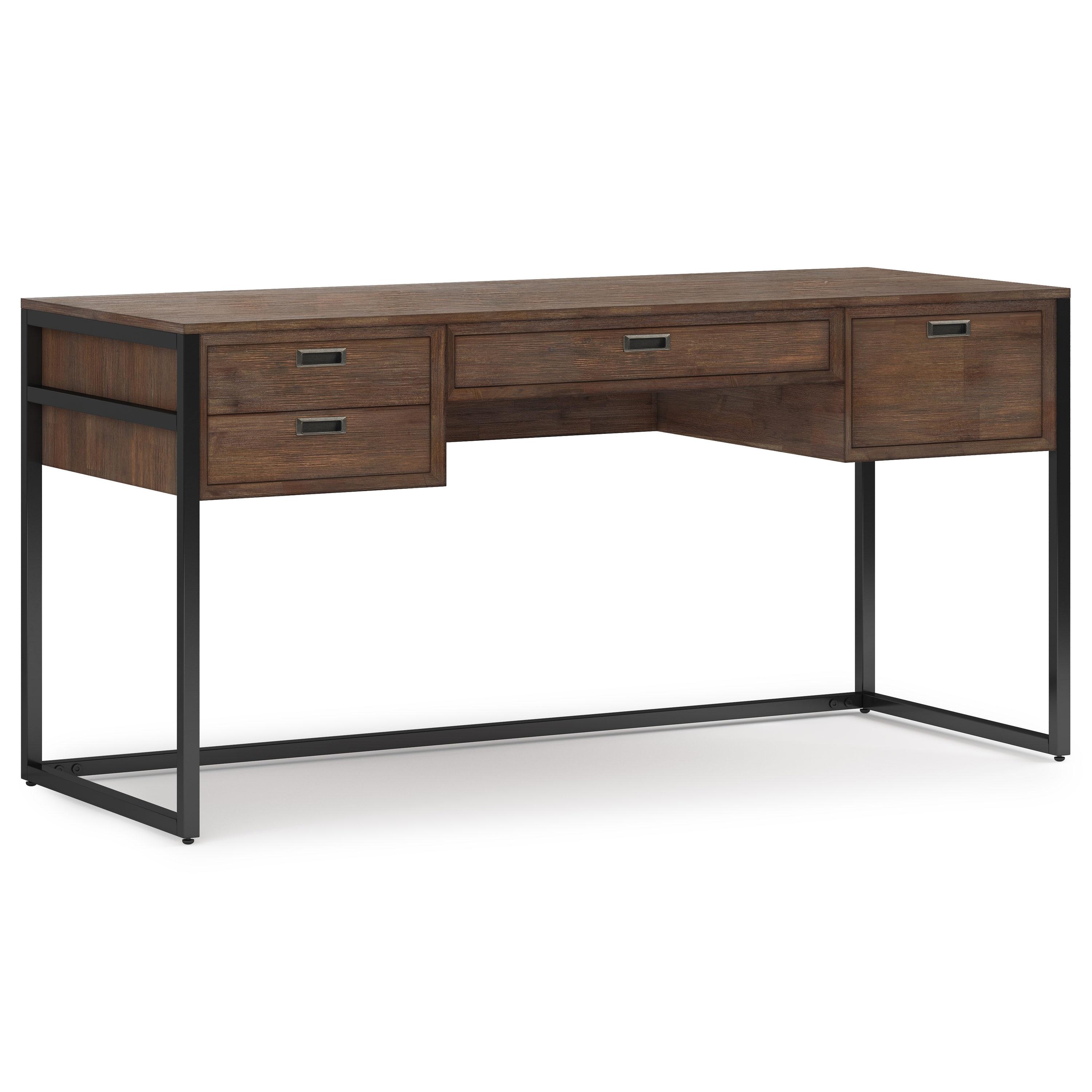 Simpli Home Richmond 60"W Solid Acacia Wood Desk, Industrial Style with Keyboard Tray and 3 Drawers