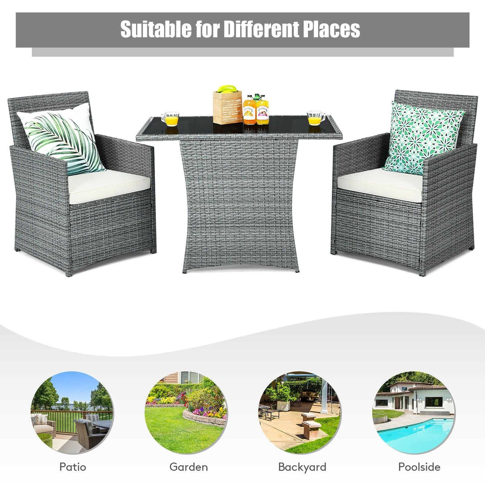 Canddidliike 3 Pieces Patio PE Rattan Furniture Set with 2 Ergonomic Chairs , Space-Saving Outdoor Conversation Set with Cushioned Armrest Sofa, Patio Bistro Set for Outdoor, White
