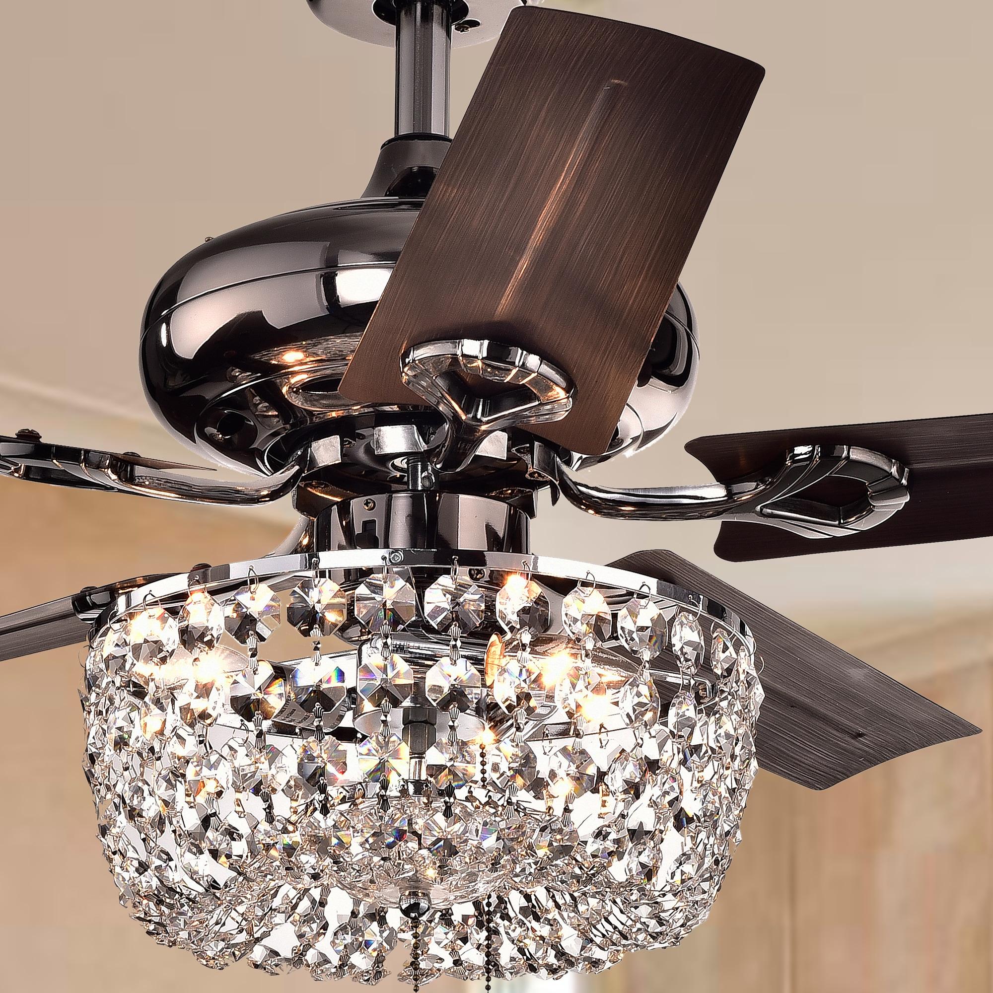 Warehouse Of Tiffany Angel 3-Light Crystal Chandelier 5-Blade Brown Ceiling Fan with Pull Chain