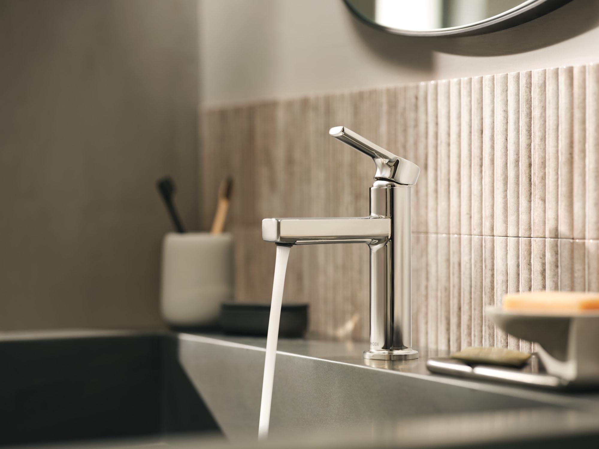 Moen 84627NL Rinza Polished Nickel Single hole 1-handle WaterSense High-arc Residential Handle Bathroom Sink Faucet with Drain with Deck Plate