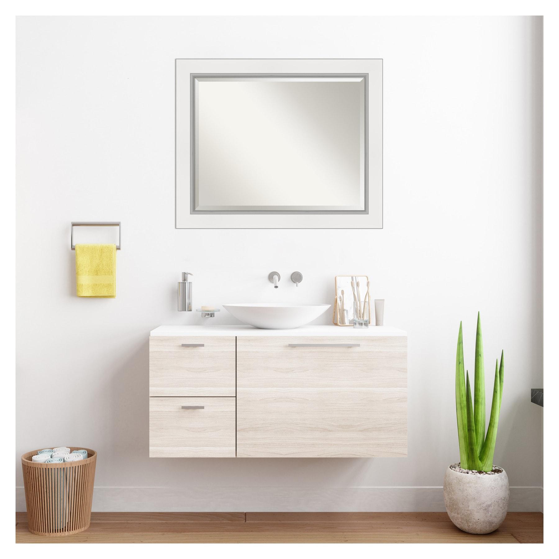 Amanti Art 33" x 27" Eva White Silver Framed Bathroom Vanity Wall Mirror: Modern Rectangular, Wall-Mounted, Beveled Glass