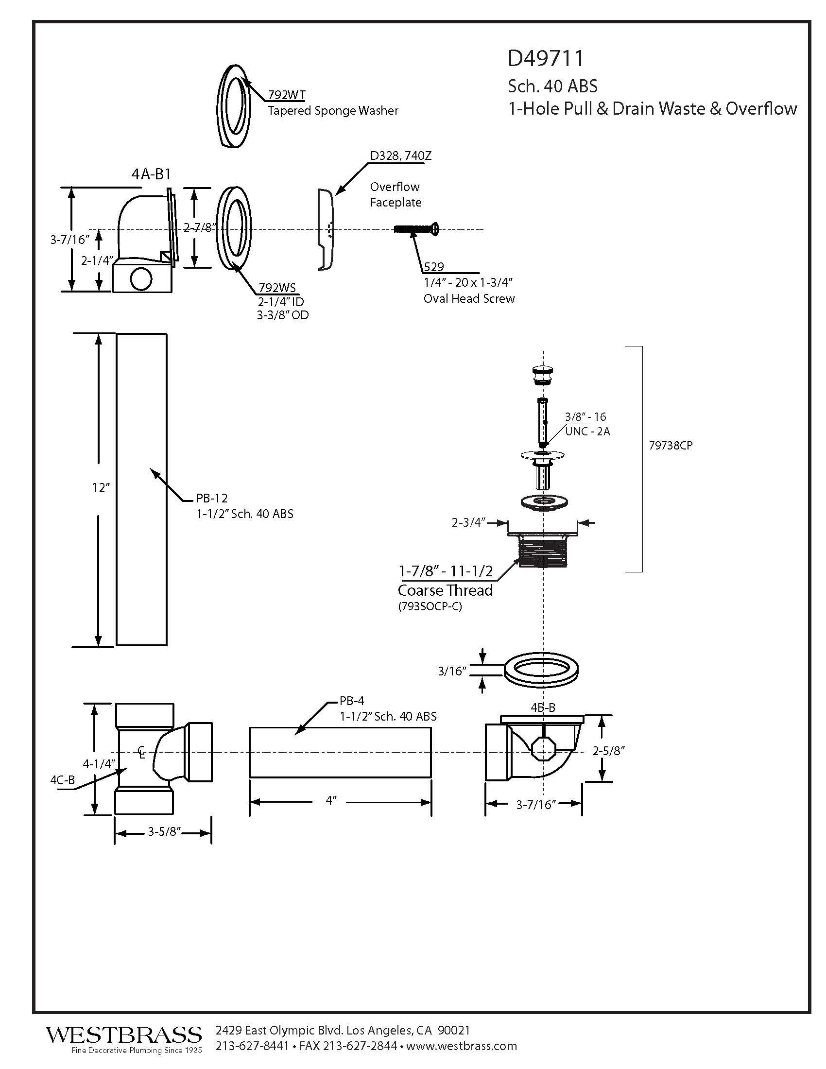 12 ABS Pull & Drain Bathtub Leg Drain Assembly with One-Hole Overflow