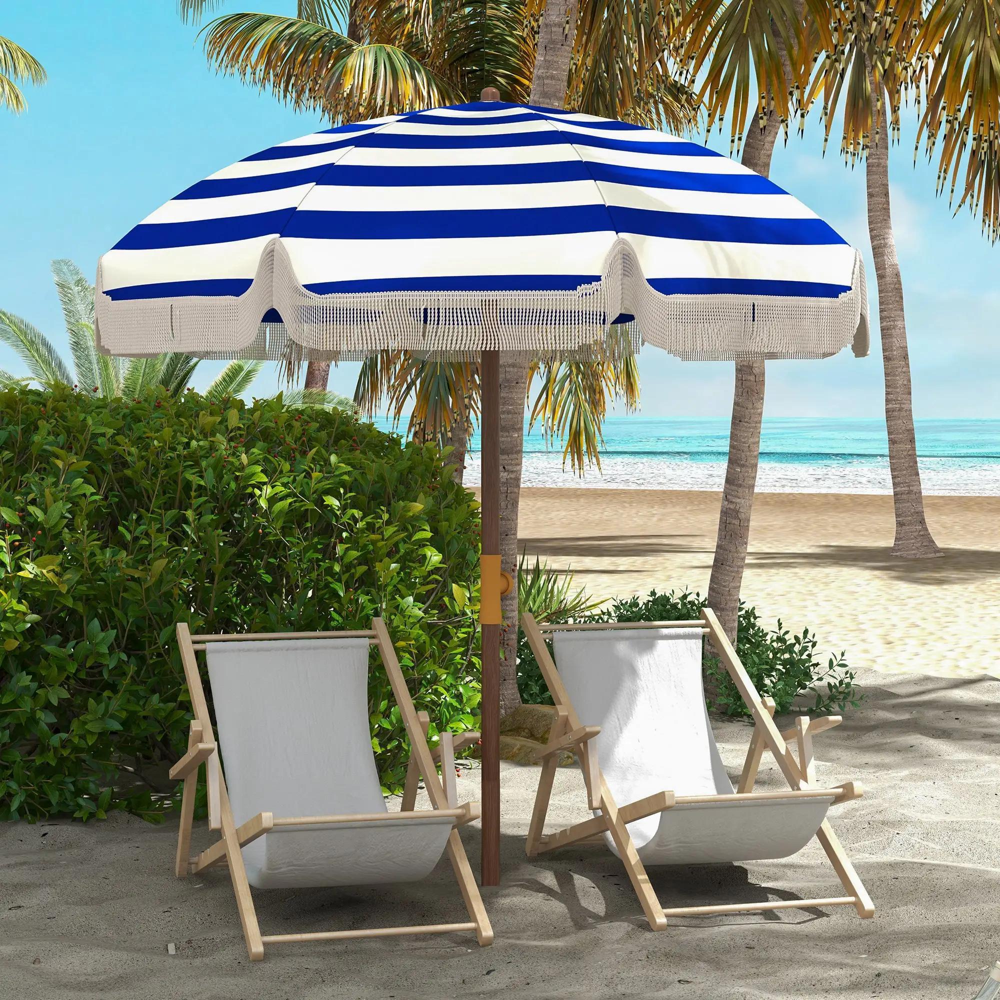 6.2-ft Blue and White Striped Steel Beach Umbrella with Fringe