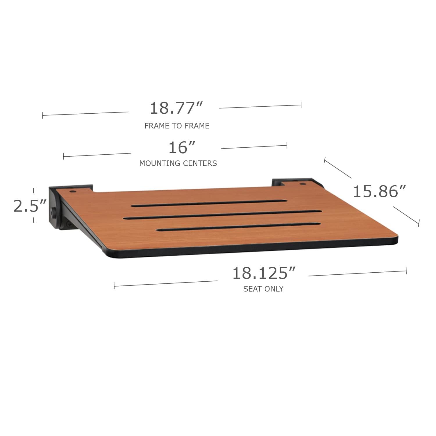 SlimLine Folding Wall Mount Shower Bench Seat, Teak Seat with Matte Black Frame