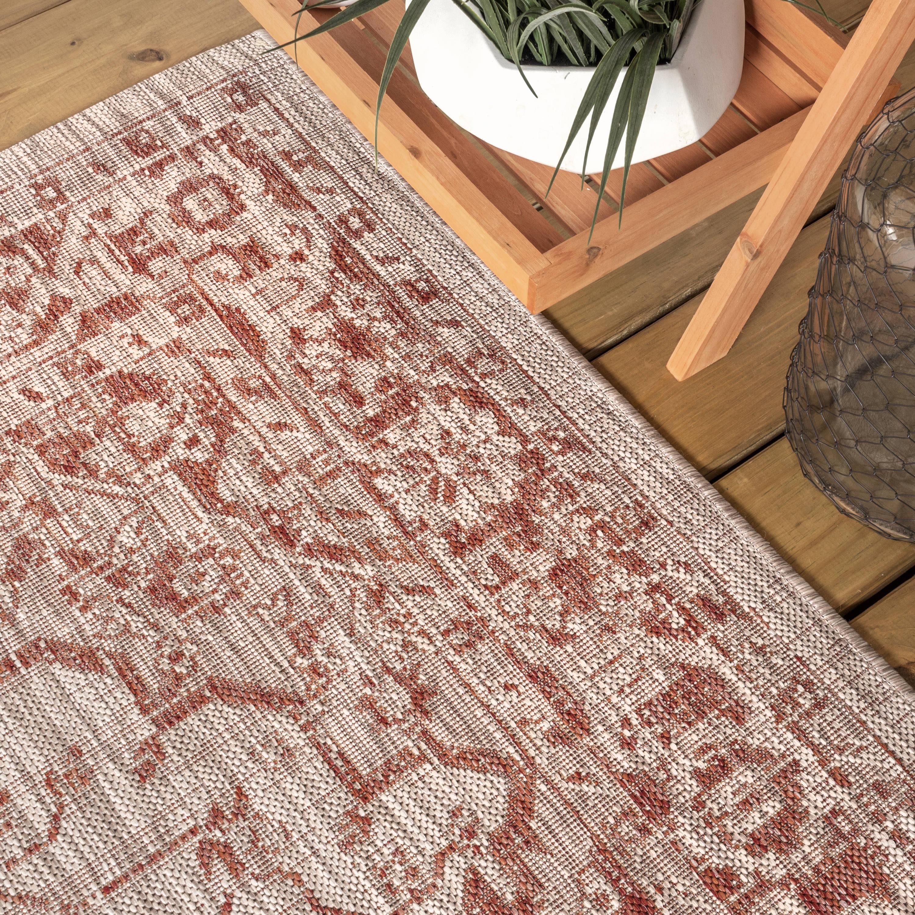 5' Square Rozetta Boho Medallion Textured Weave Indoor/Outdoor Area Rug, Red/Taupe - JONATHAN Y