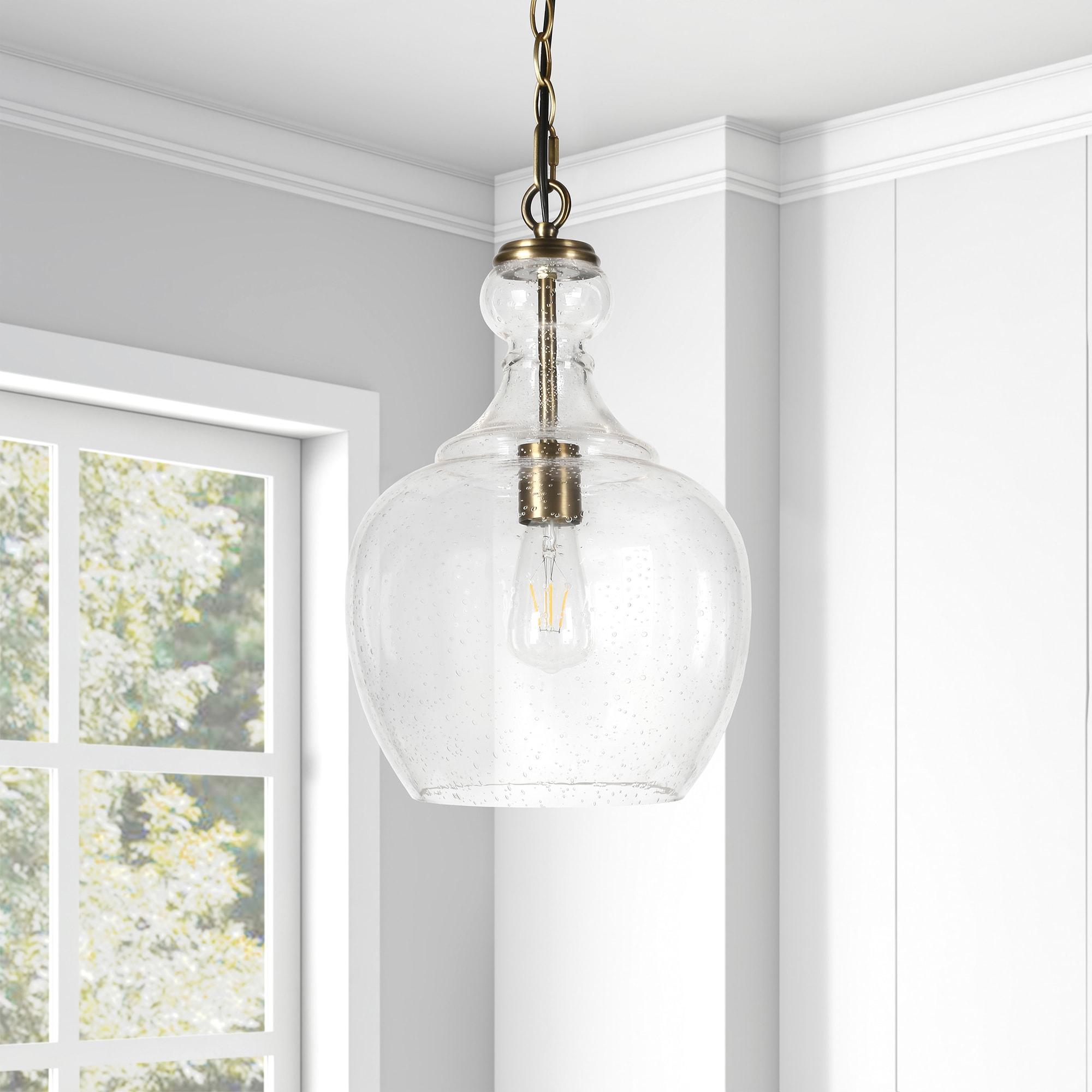 Henn&Hart 11" Wide Pendant with Glass Shade in Brass/Seeded, Pendant, Flush Mount Ceiling Light Fixture for Kitchen, Living Room