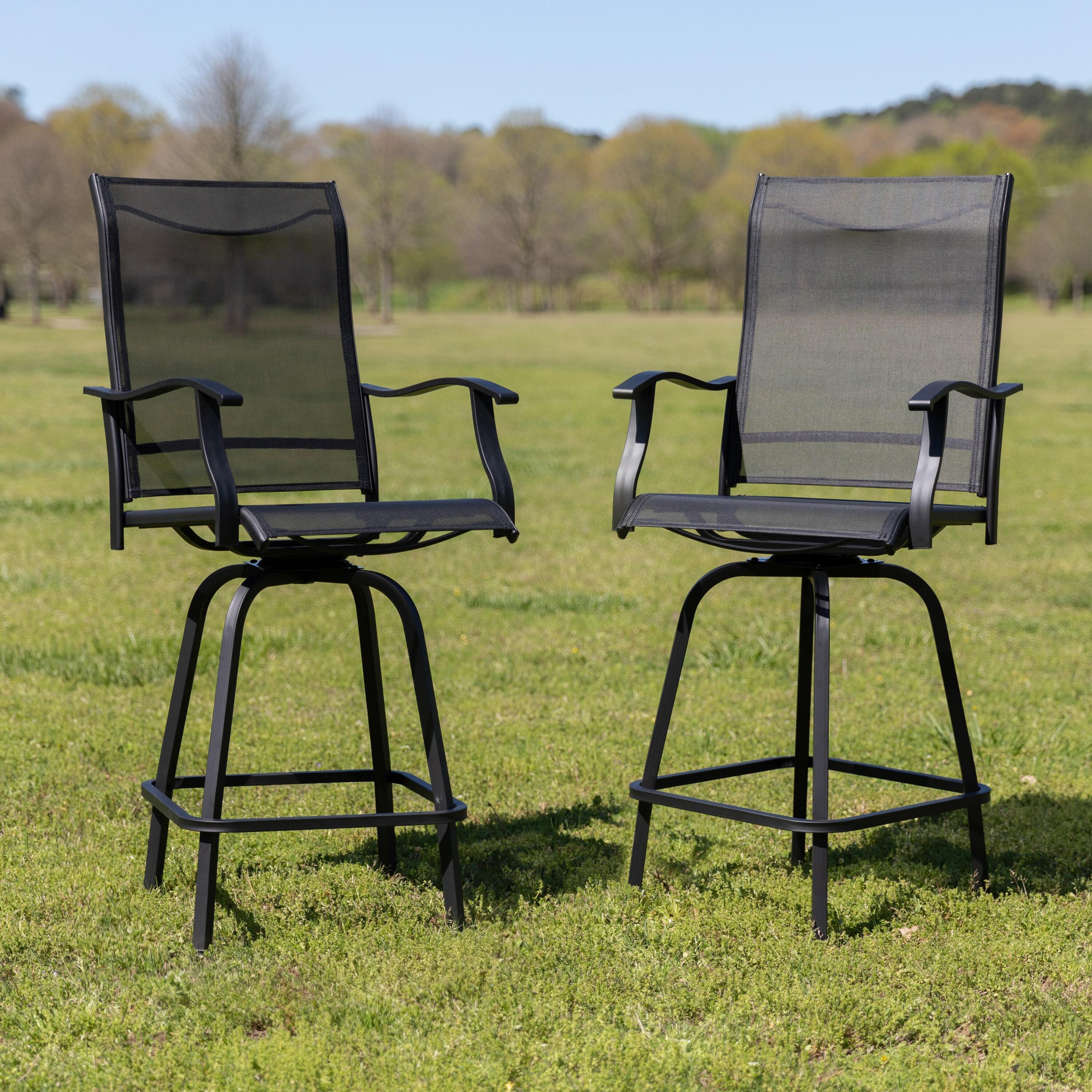 Flash Furniture Patio Bar Height Stools Set of 2, All-Weather Textilene Swivel Patio Stools and Deck Chairs with High Back & Armrests in Black