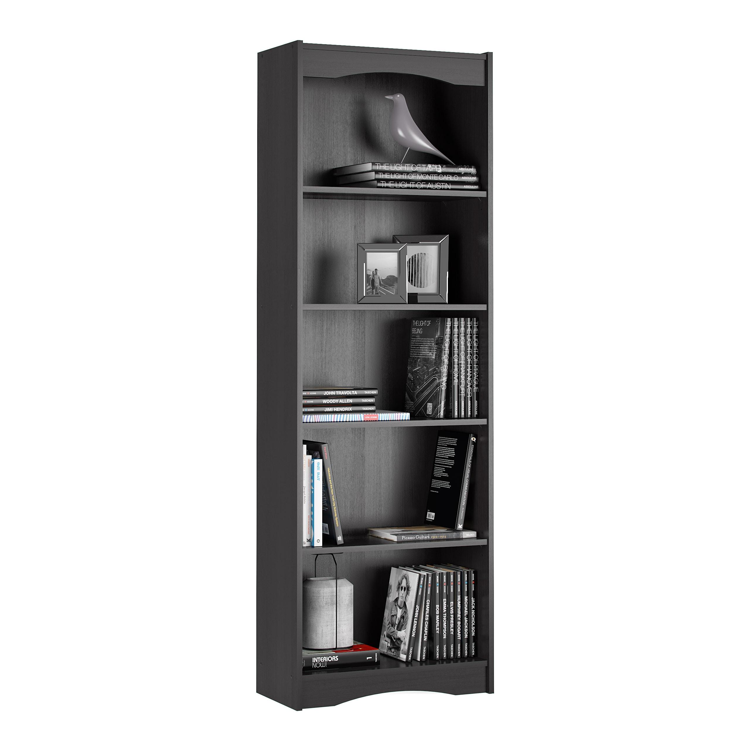 72" Tall Hawthorn Bookshelf Black - CorLiving: Modern Laminated Particle Board with 5 Adjustable Shelves
