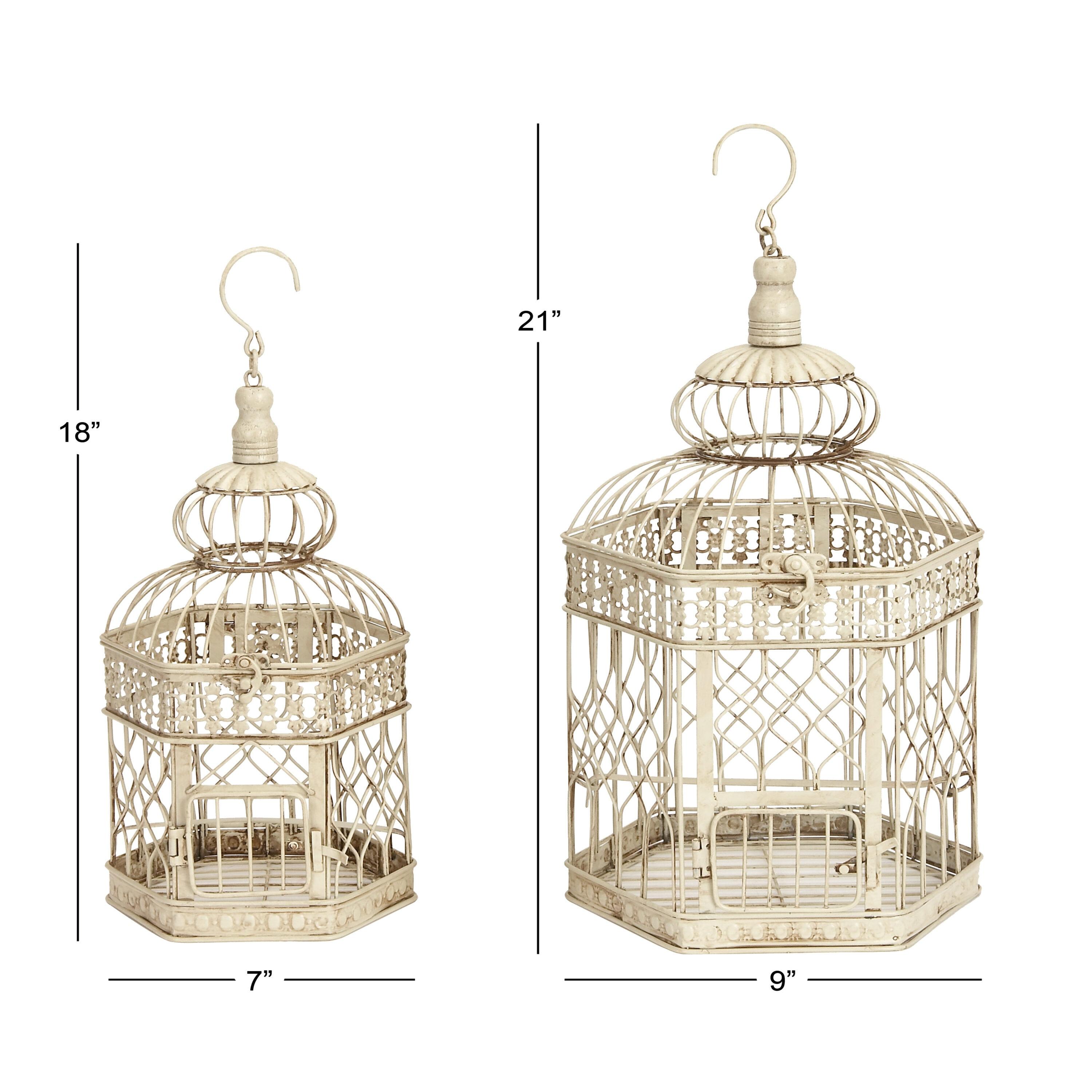 DecMode Cream Vintage Metal Birdcage with Crisscross Vertical Bars and Floral Embossed Design, Set of 2 21", 18"H