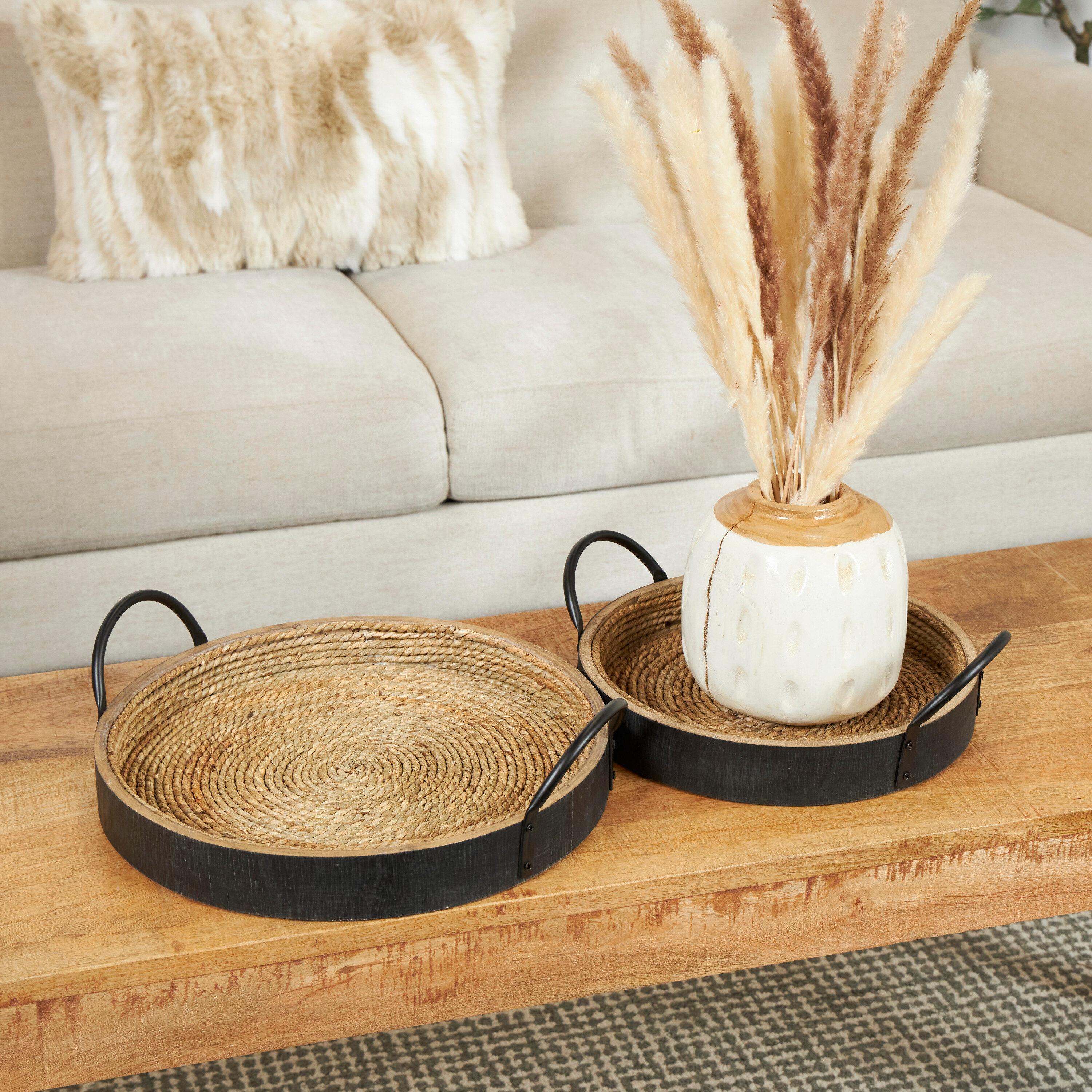 Set of 2 Round Black and Natural Wood Decorative Trays