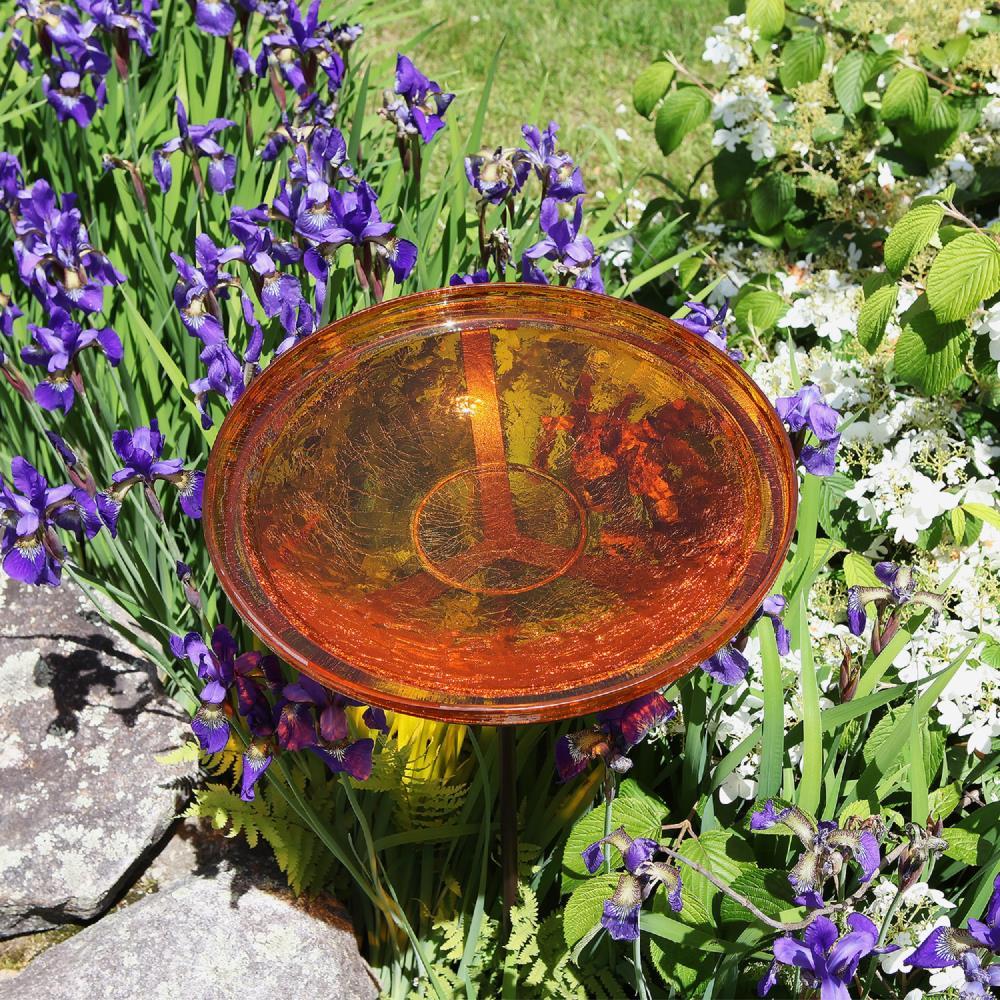 Winston Porter Crackle Glass Birdbath Bowl with Stake, 14-in