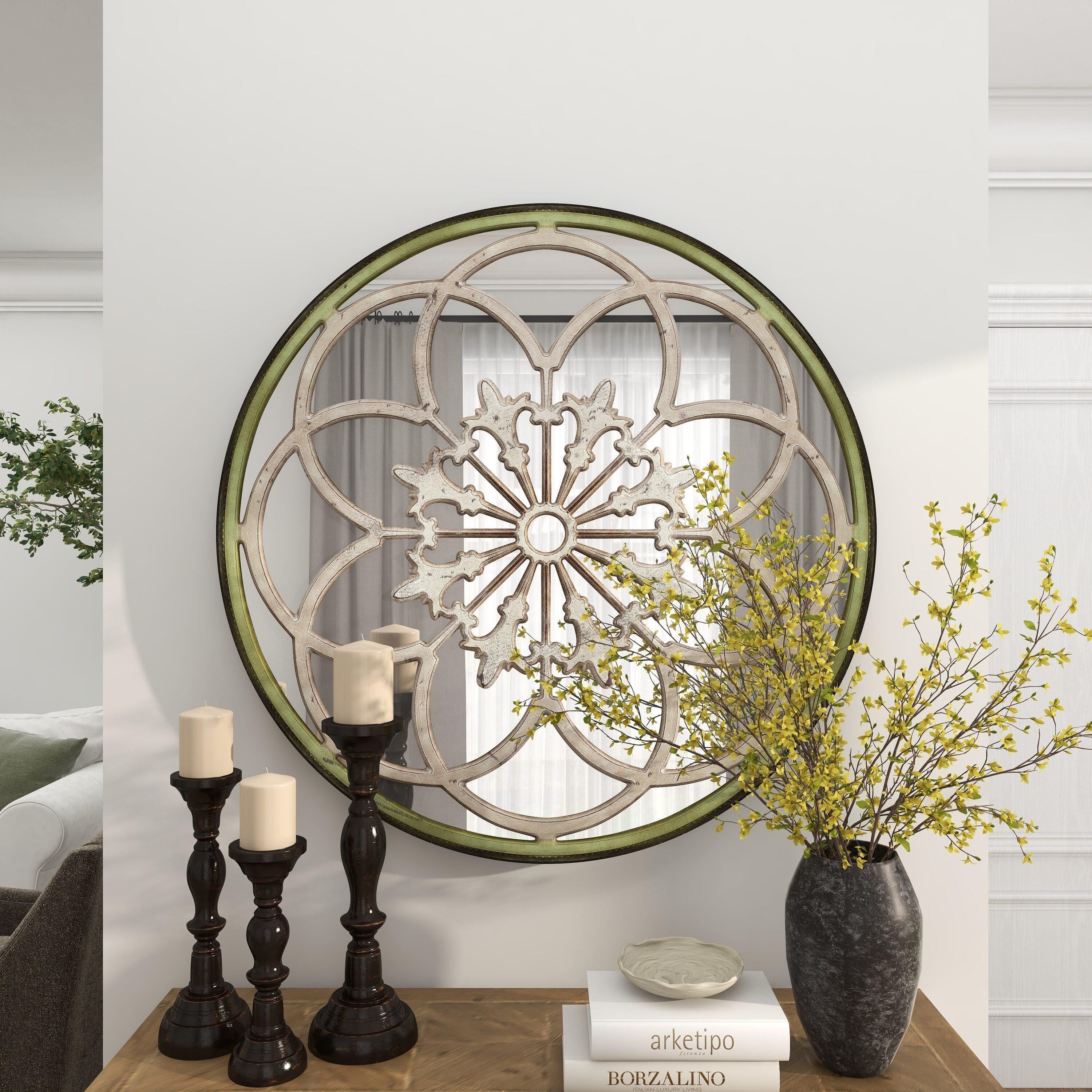 DecMode 40" x 40" White Medallion Floral Wall Mirror