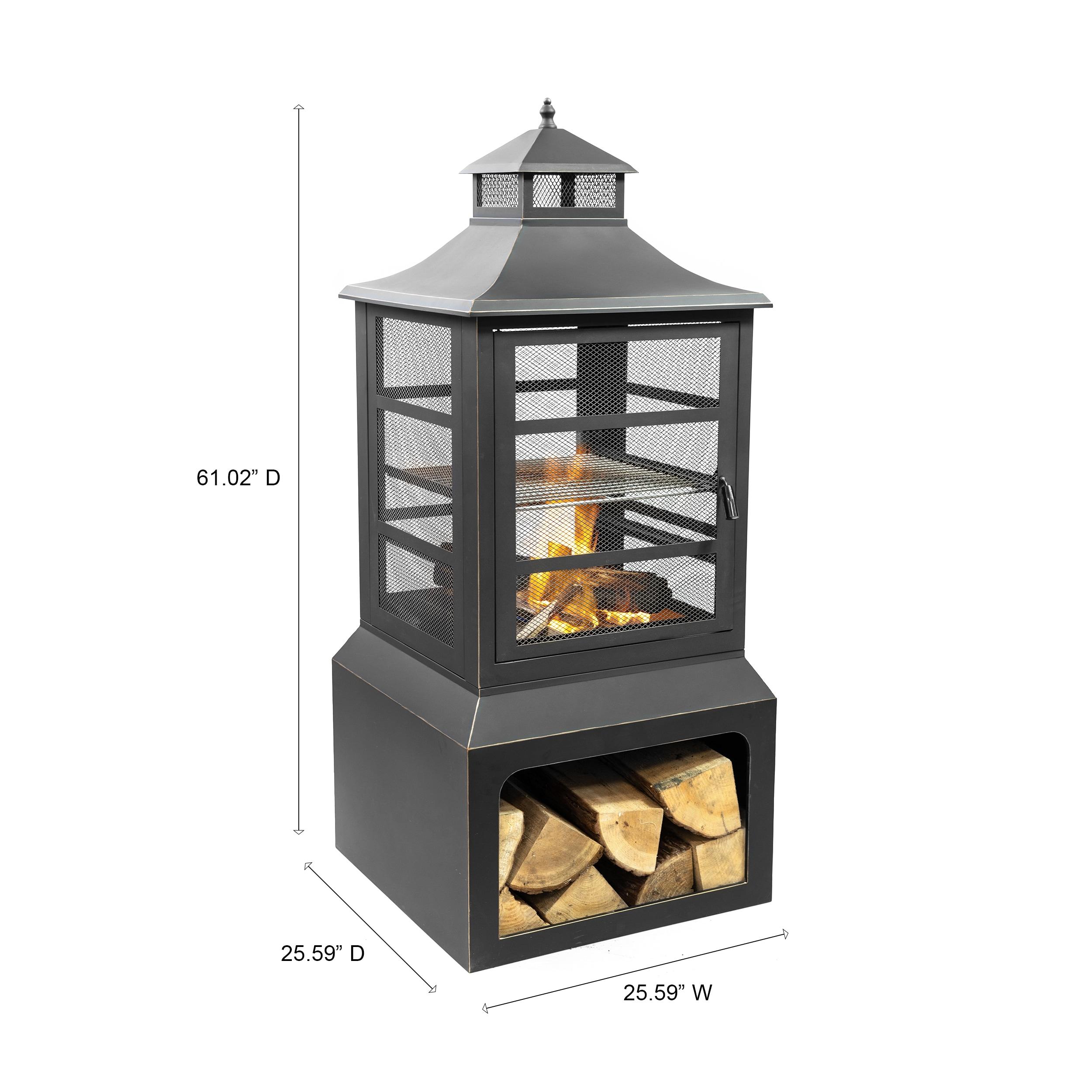 Deko Living Deko Living 26" Square Outdoor Steel Wood Burning Fireplace with Cast Iron Cooking Grill, Log Storage and Poker