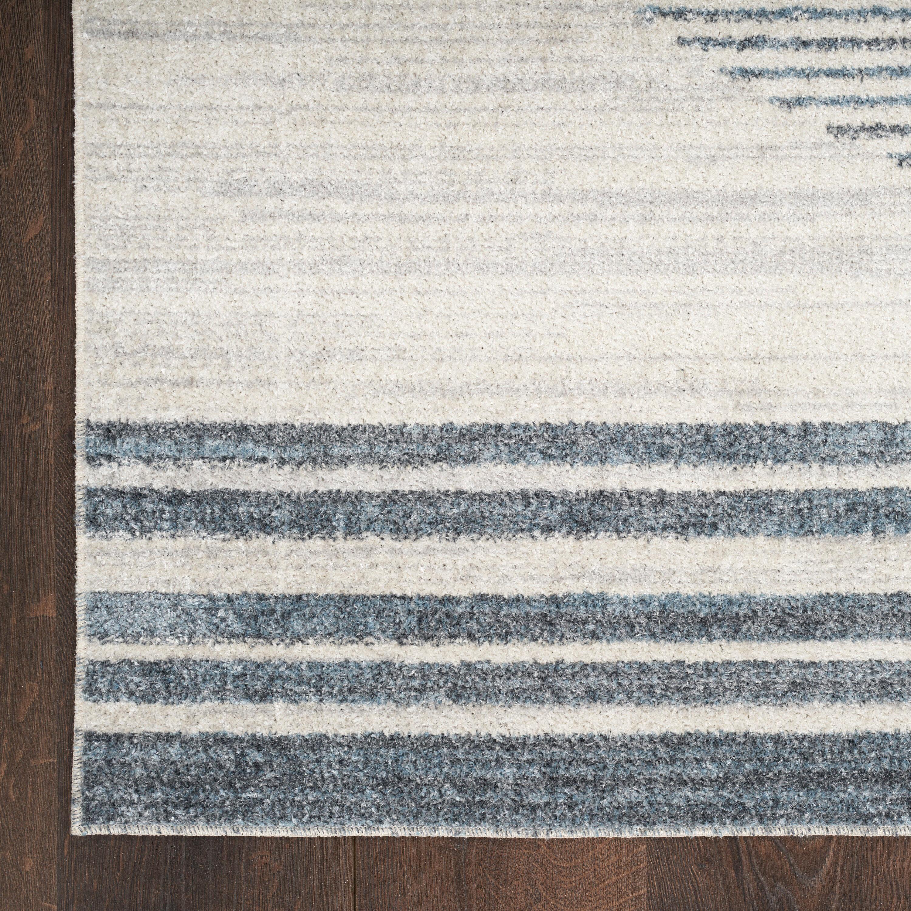 Nourison Astra Machine Washable Stripe Circle Mid-Century Modern Indoor Rug Ivory Blue 5'3" x 7'