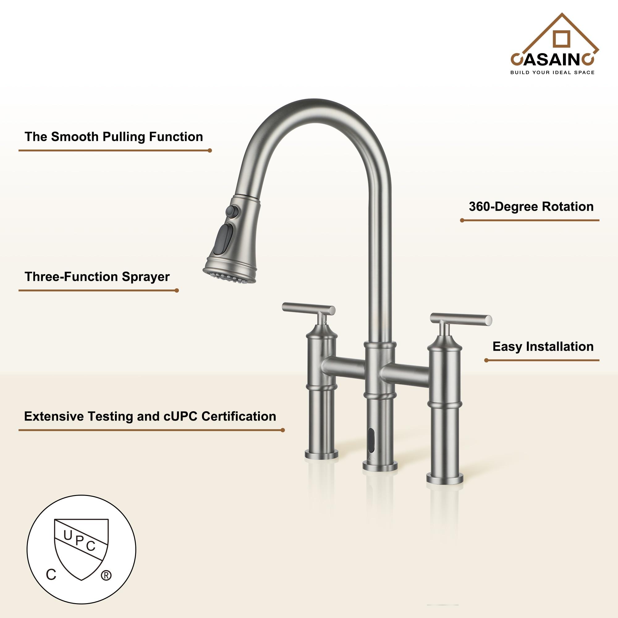Double Handle Pull-Out Sprayer Bridge Kitchen Faucet with Infrared Sensor in Brushed Nickel