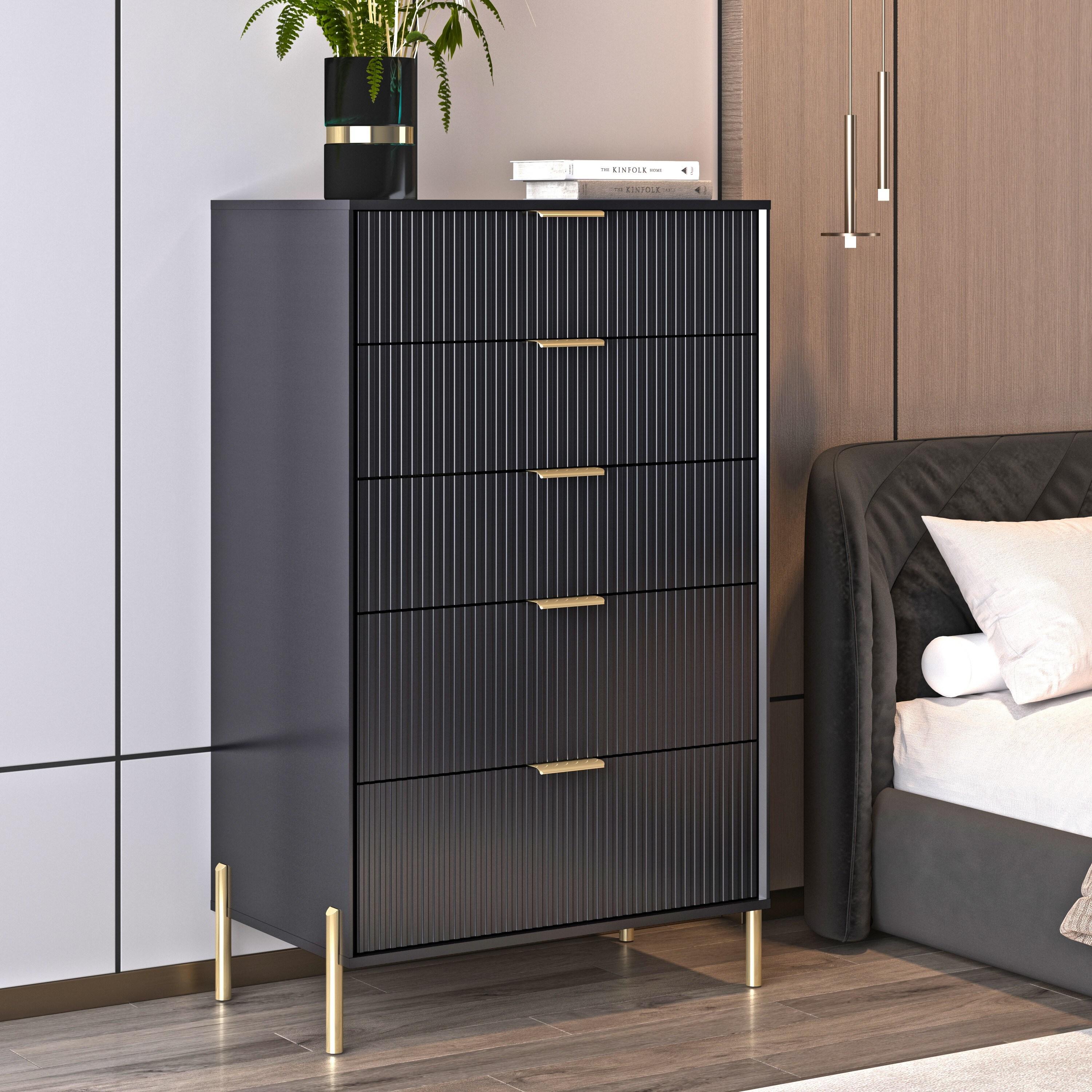 Festivo 5 Drawer Chest of Drawers Black: Modern Vertical Dresser, MDF Construction, Includes Anti-Tip Hardware