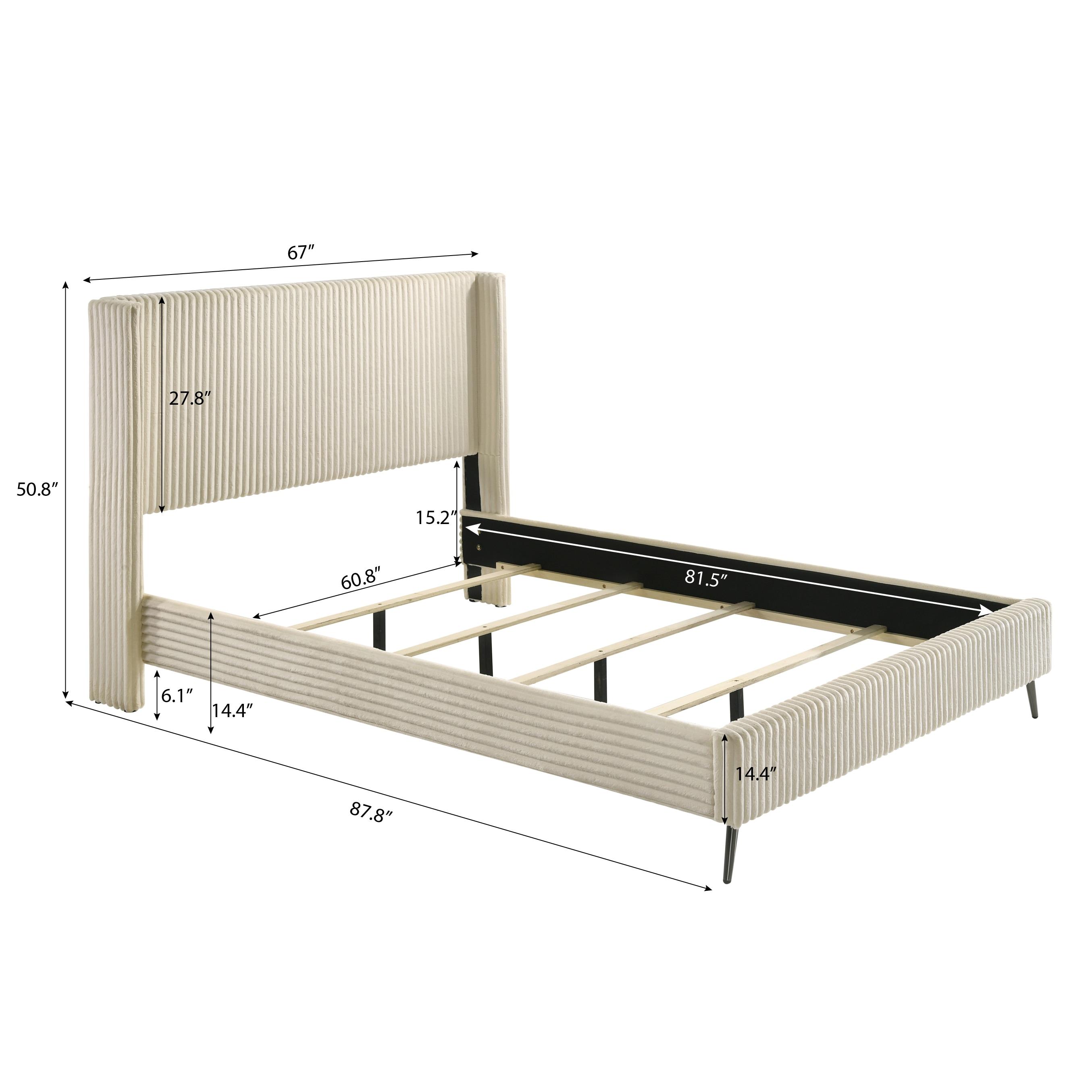 Roundhill Furniture Mavela Wide-wale Corduroy Upholstery Panel Bed with 2 Nightstands and Bench Cream Queen