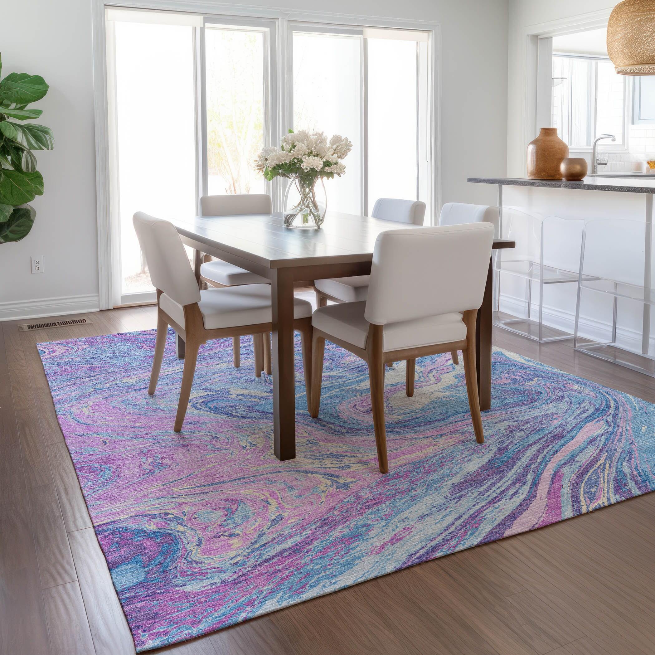Sky Blue and Pink Abstract Synthetic 5' x 7' Washable Area Rug