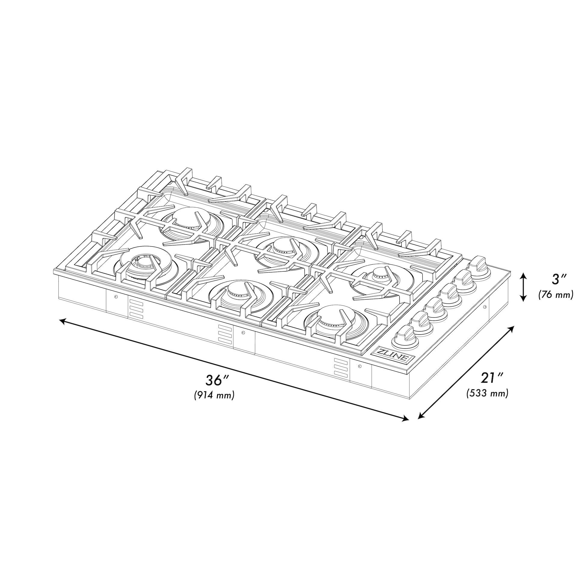 ZLINE 36" Gas Cooktop with 6 Gas Brass Burners and Black Porcelain Top