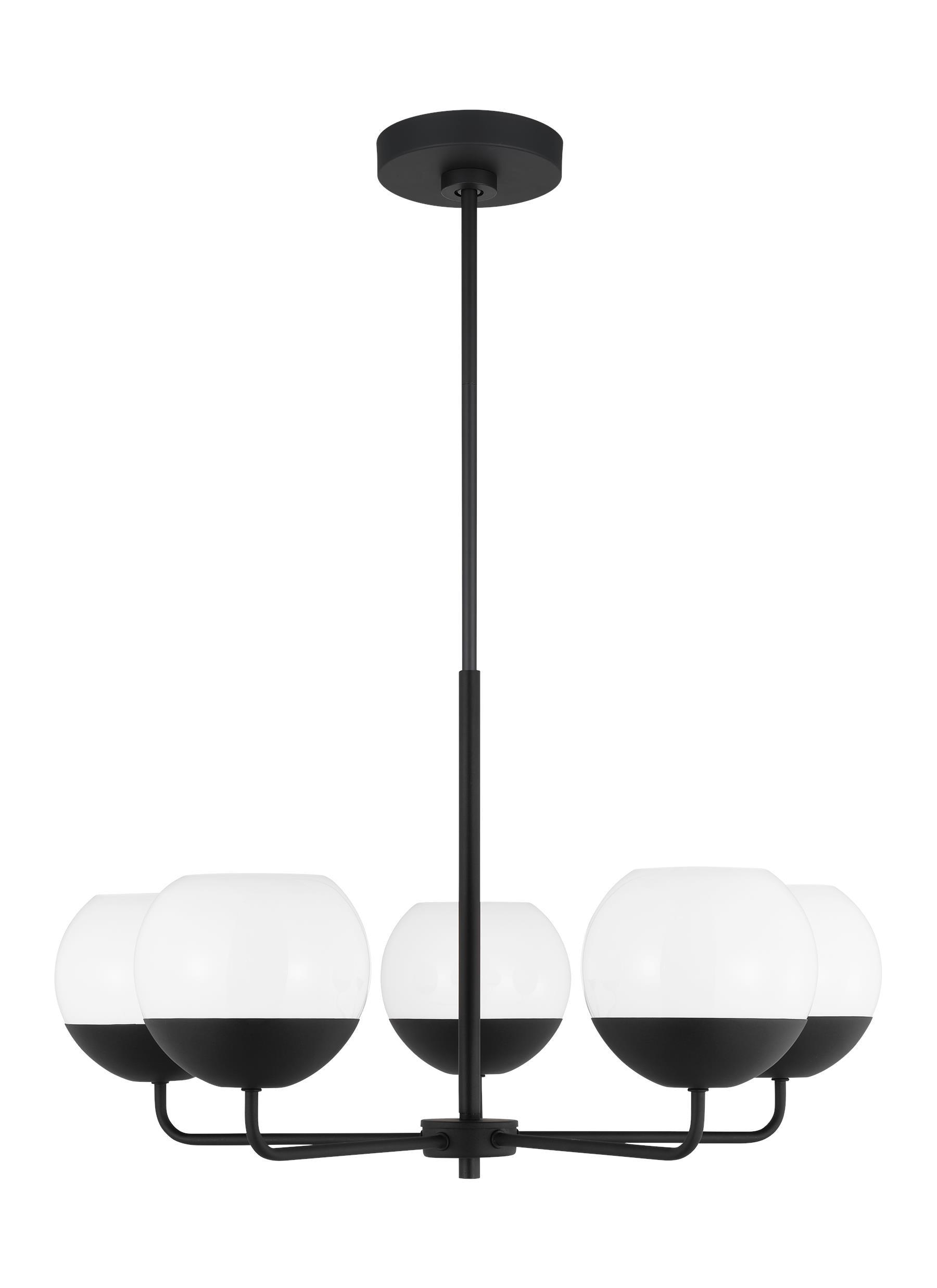 Alvin Midcentury Midnight Black 5-Light Chandelier with Milk Glass Shades