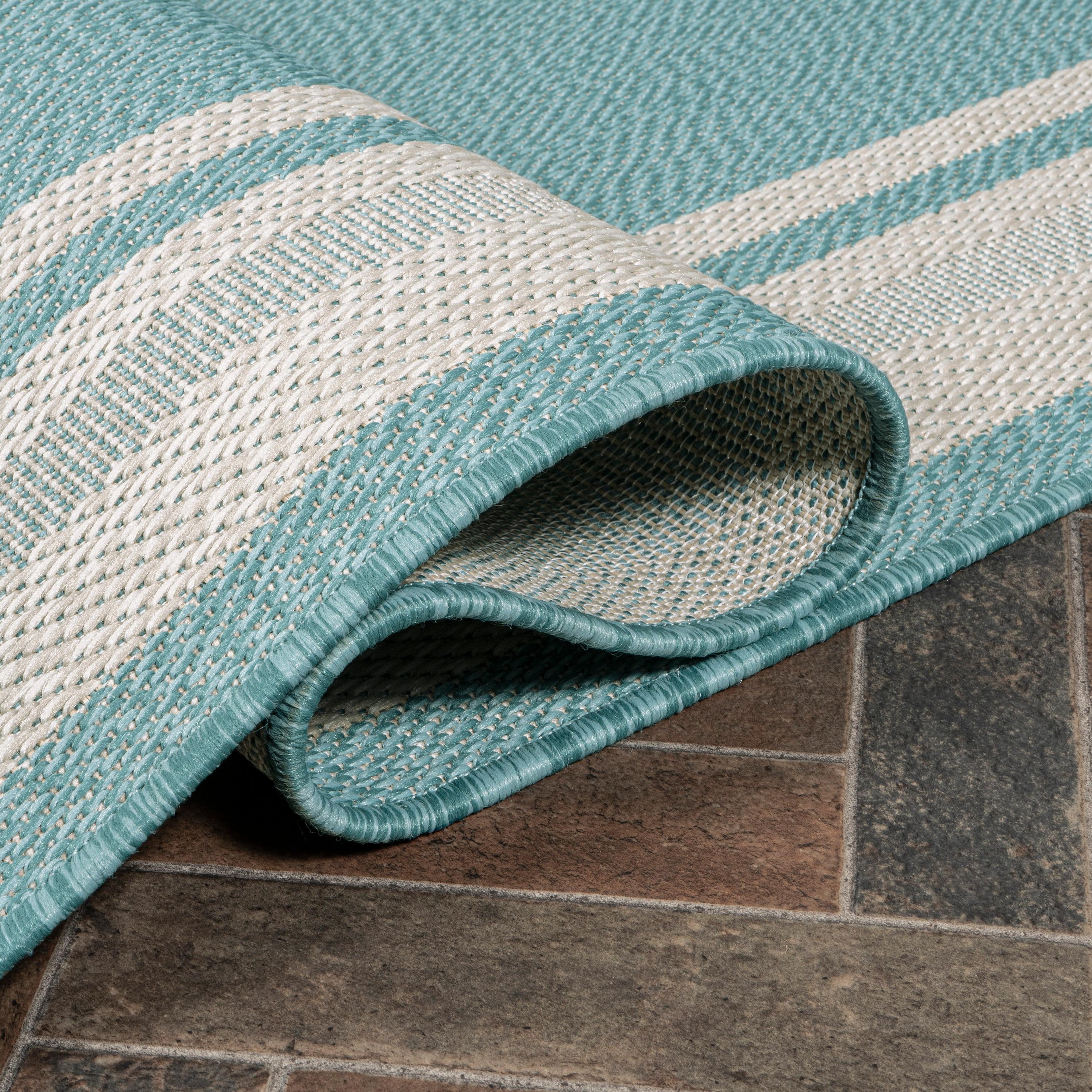 2' x 8' James Modern Border Stripe Indoor/Outdoor Runner Rug, Aqua/Beige - JONATHAN Y