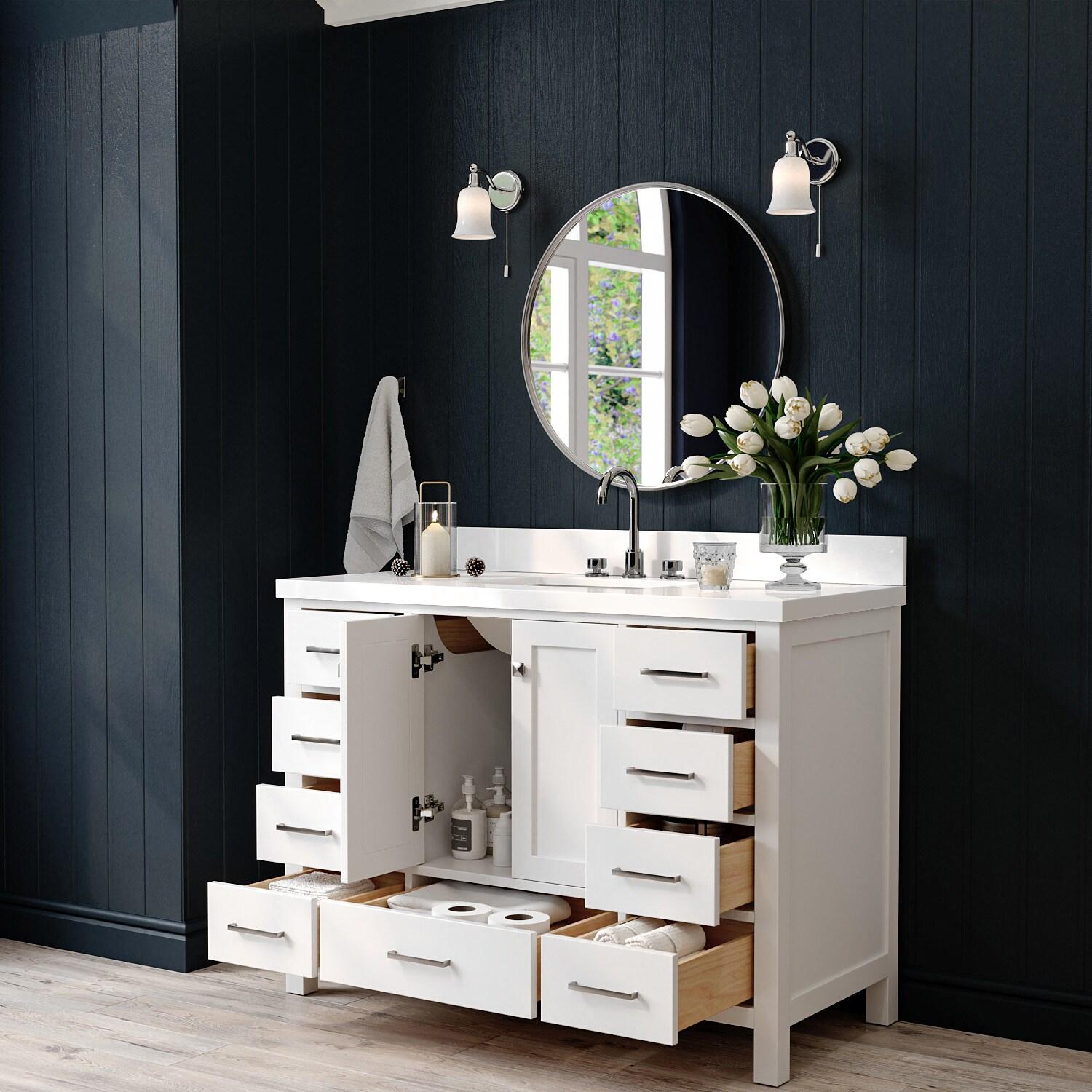 ARIEL 49" Bathroom Vanity with 1.5" Edge Pure White Quartz Countertop & Backsplash, Center Rectangular Sink, 2 Soft Closing Doors, 9 Full Extension Dovetail Drawers, Brushed Nickel - White