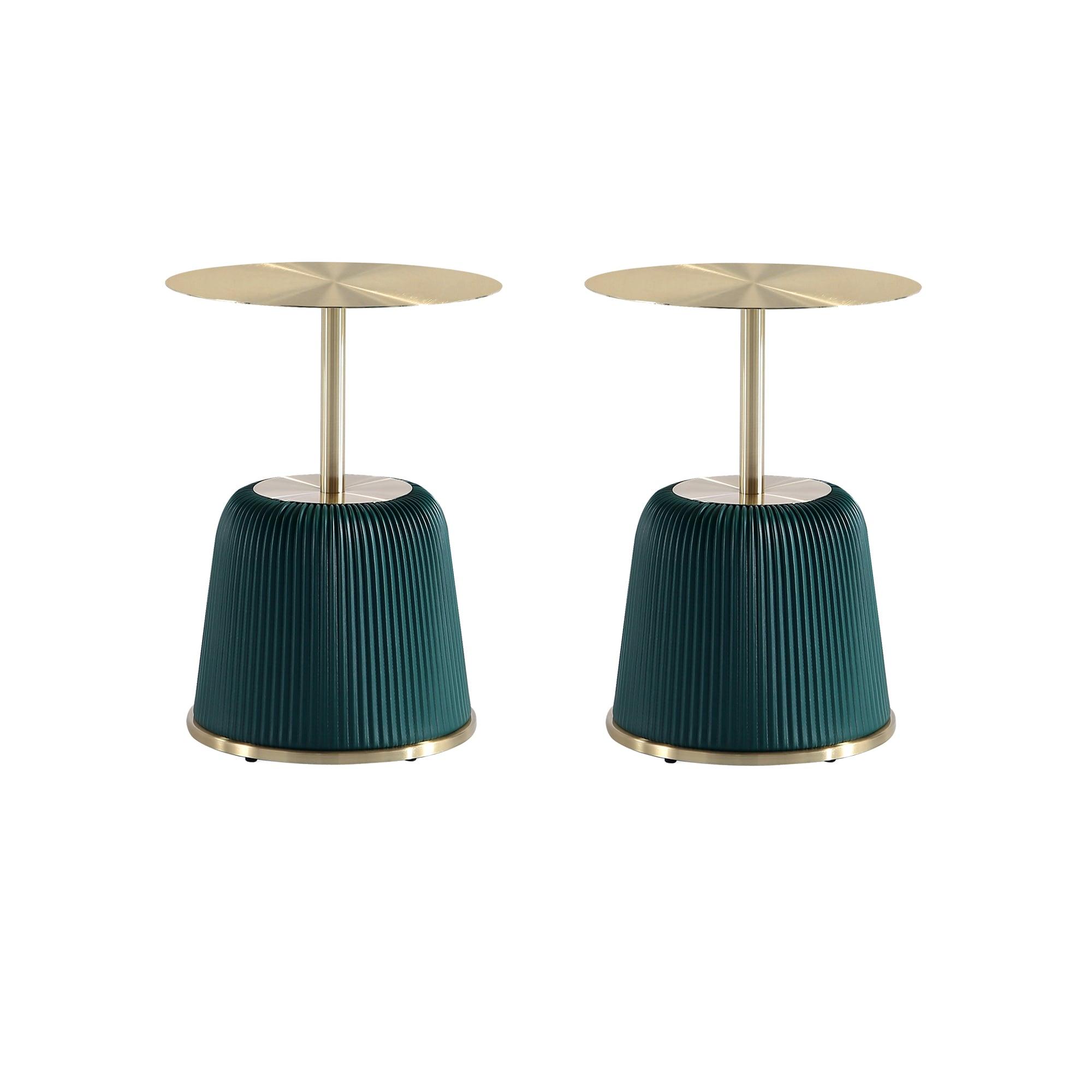 Manhattan Comfort Set of 2 Anderson Leatherette Upholstered End Tables with Gold Tabletop Green: Round, No Assembly, Stainless Steel Frame