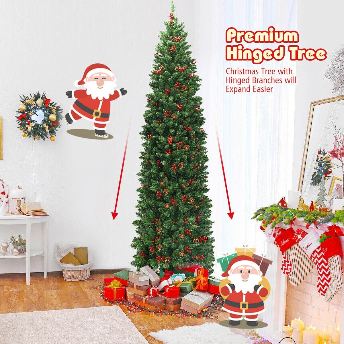 Costway 7.5Ft Pre-lit Hinged Pencil Christmas Tree w/Pine Cones Red Berries & 350 Lights
