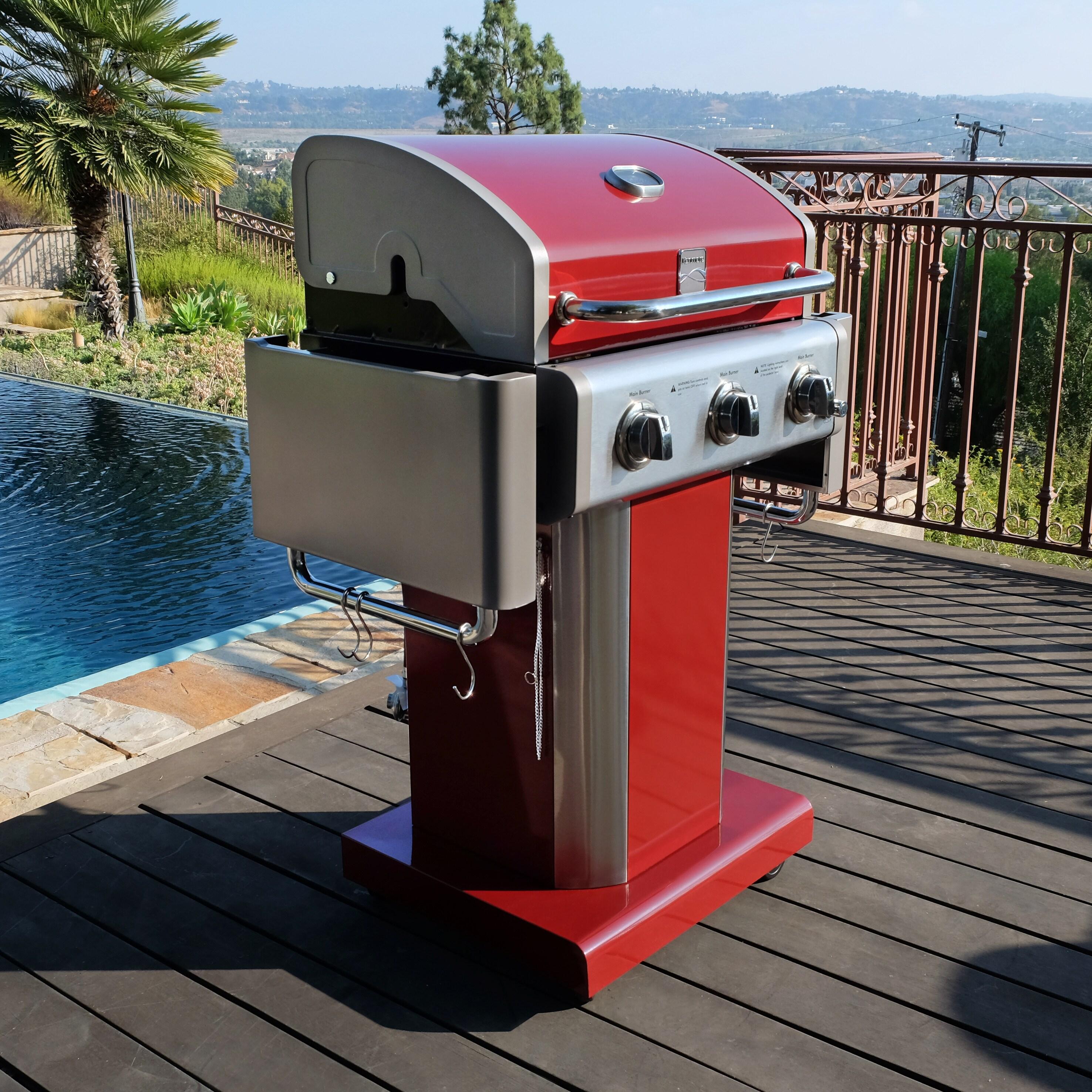 Kenmore 3-Burner Propane Gas Grill with Foldable Side Tables for Outdoor BBQ