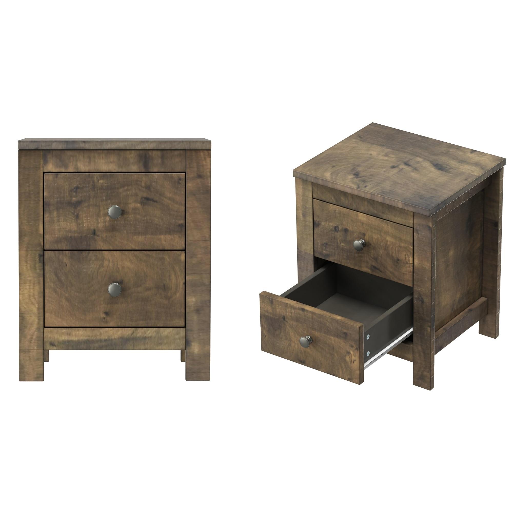 Rustic Walnut Wood Nightstand Set with Two Drawers