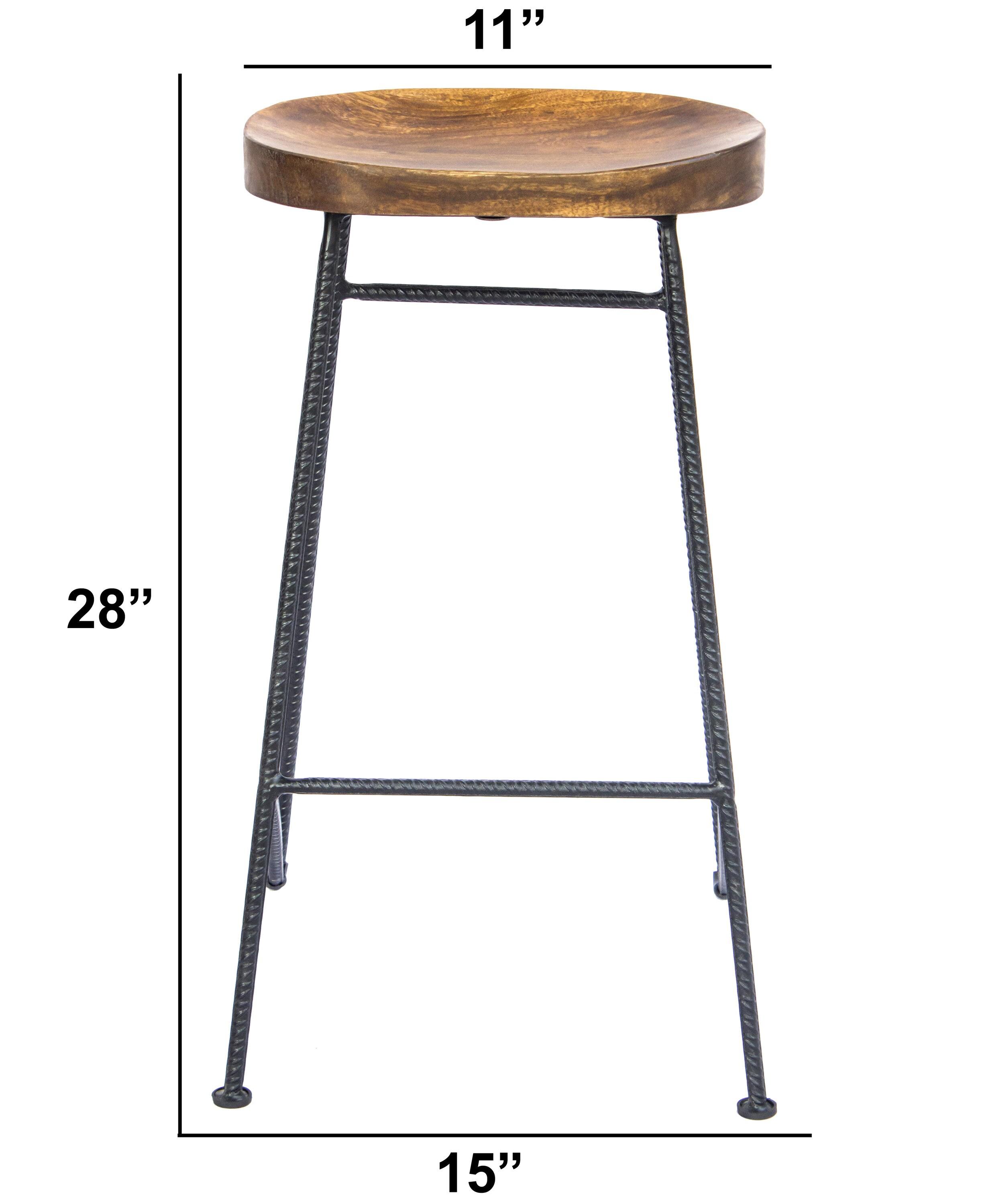 Wooden Saddle Seat Barstool with Iron Rod Legs Brown/Black - The Urban Port: Fixed Height, Polished Finish, Spot Clean