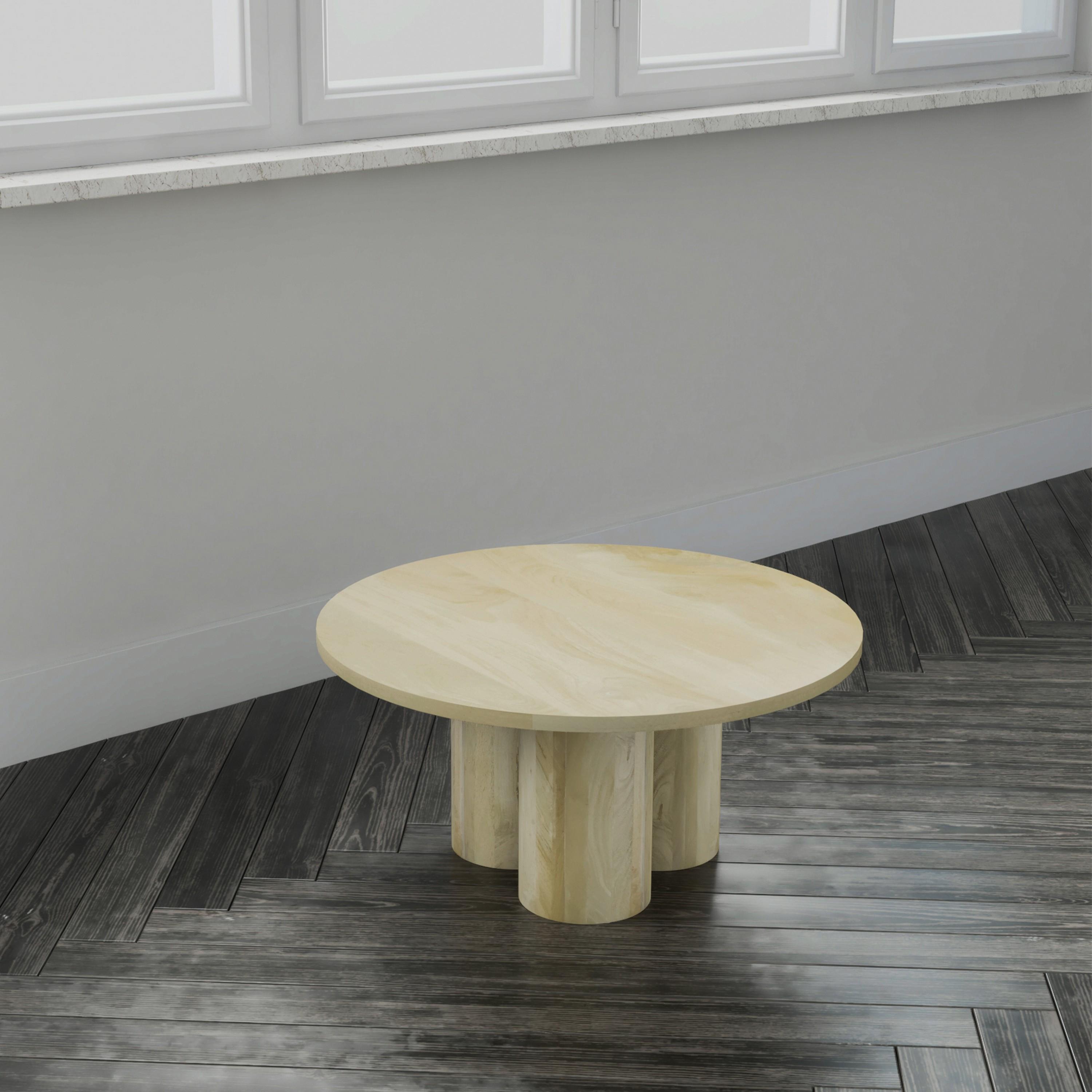 The Urban Port Hazel Coffee Table with 3 Pillar Legs, 35.5 Inch Round Top, Natural Brown Mango Wood